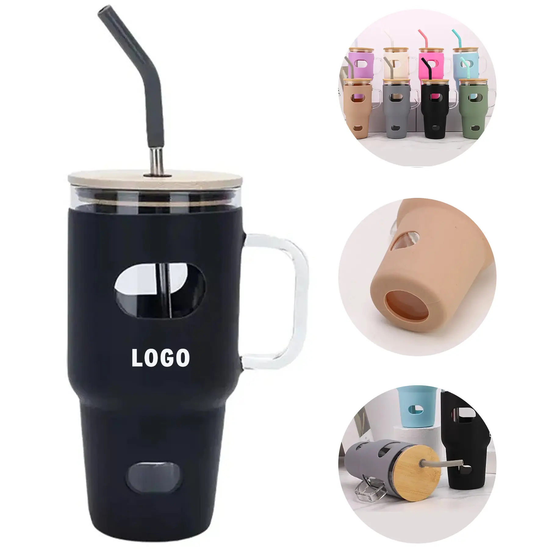 32oz Glass Tumbler Silicone Sleeve Bamboo Lid Eco Straw 2