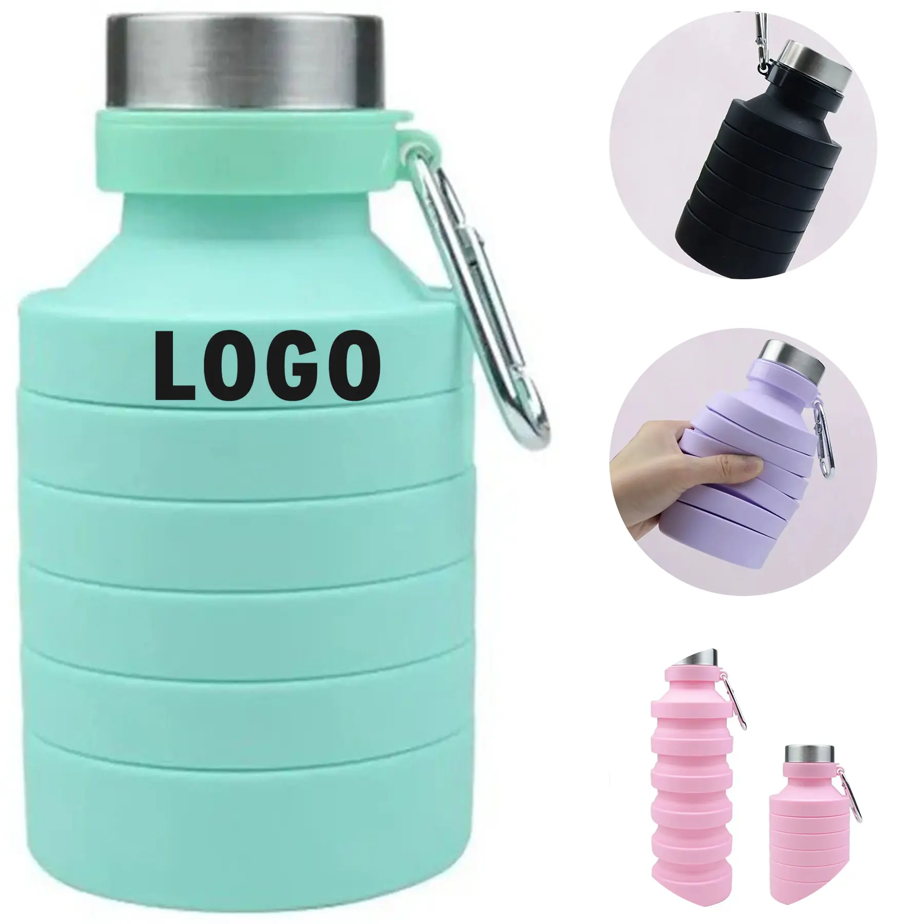 Portable Collapsible Silicone Water Bottle for Outdoor Travel Sports Leakproof with Carabiner Clip 2