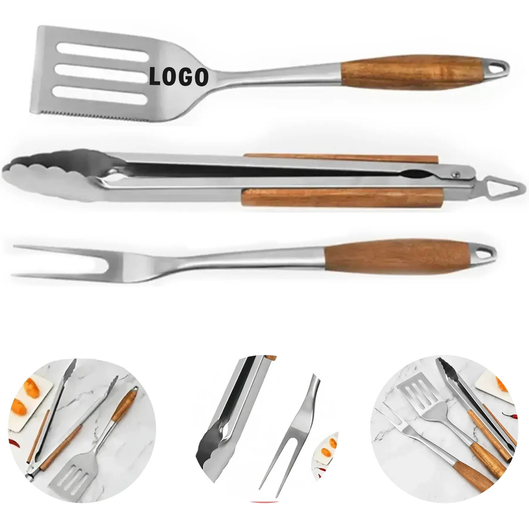 Heavy Duty Stainless Steel BBQ Utensil Set with Tongs Spatula Fork 2