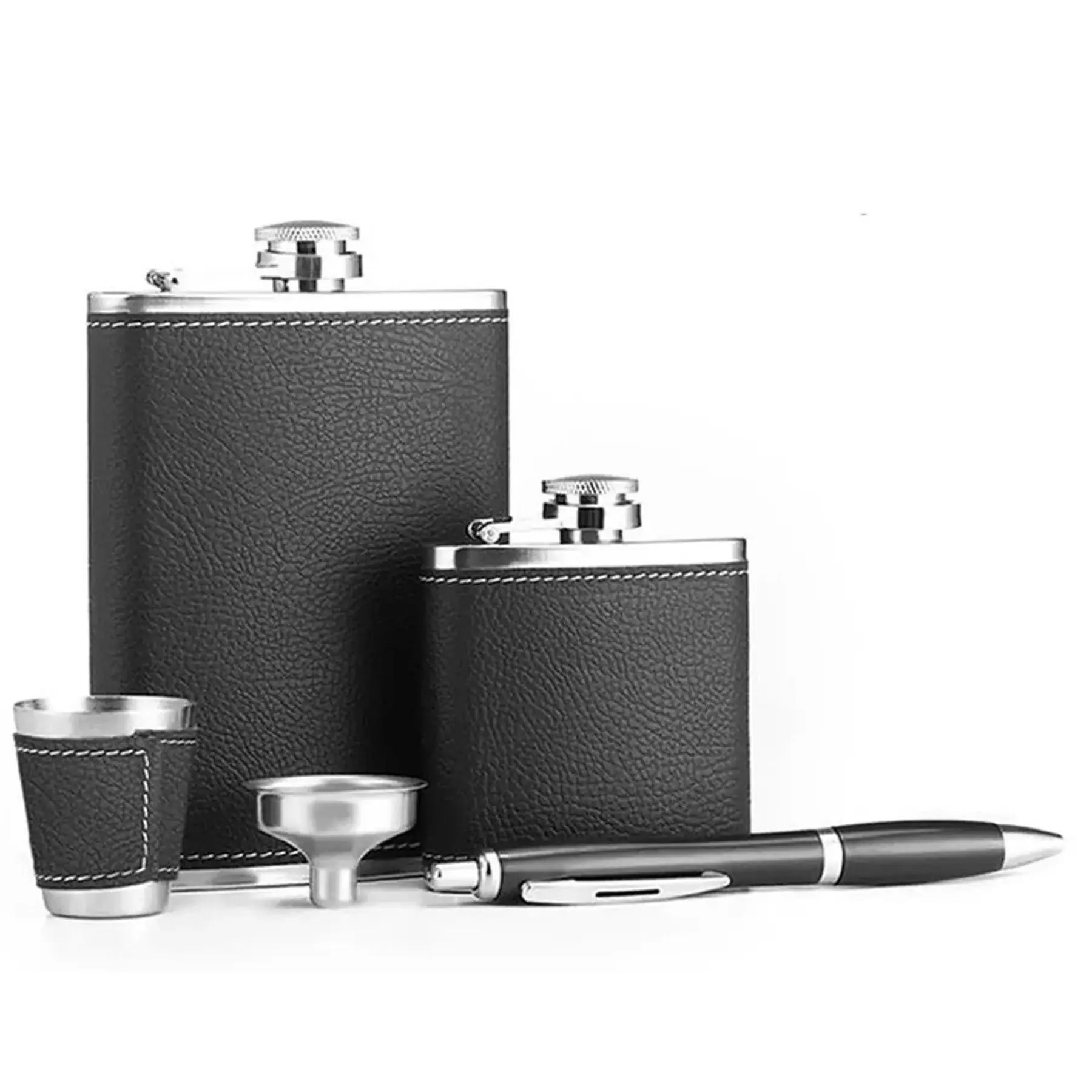 Leather Hip Flask Gift Set Cups Funnel Plus Pen
