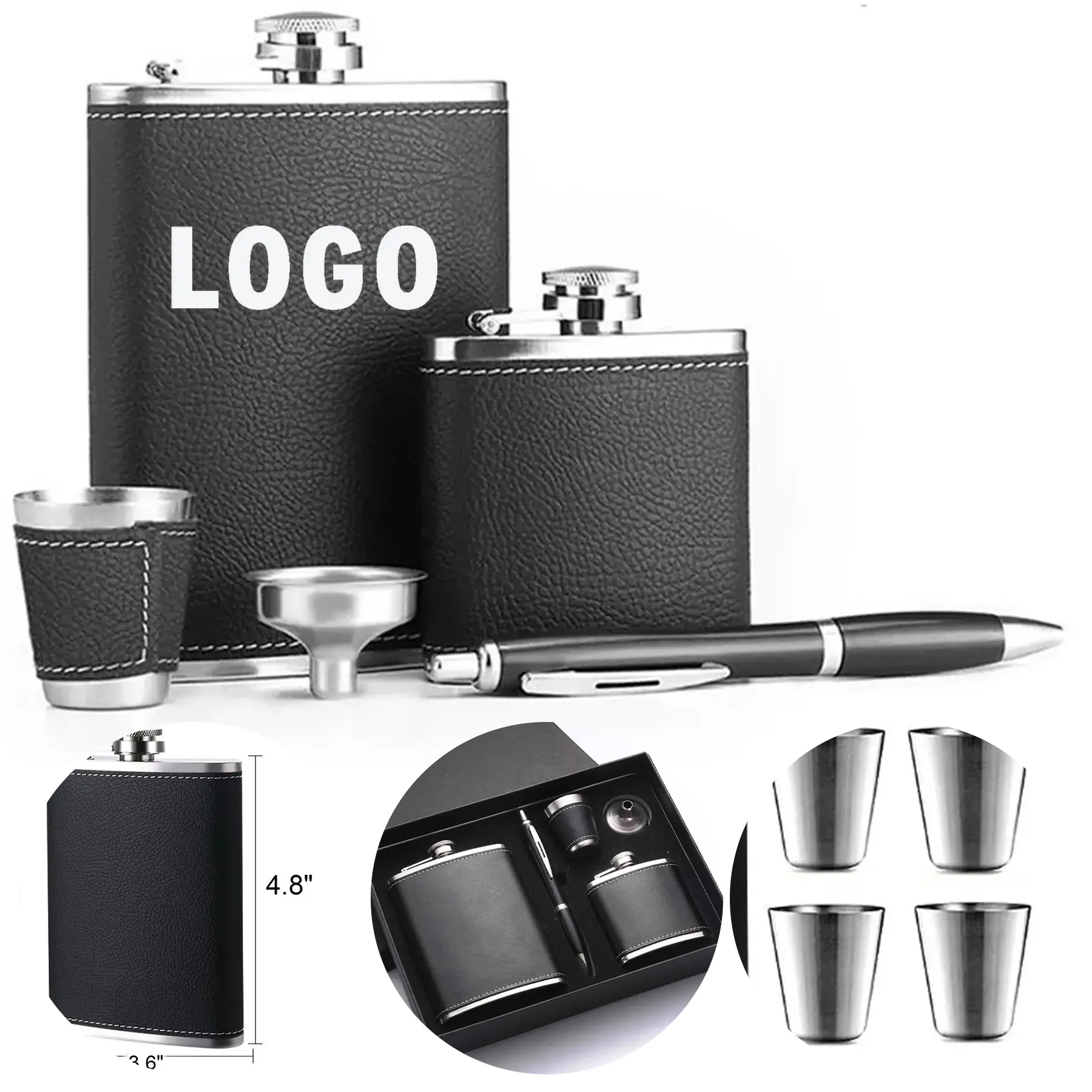 Leather Hip Flask Gift Set Cups Funnel Plus Pen 2