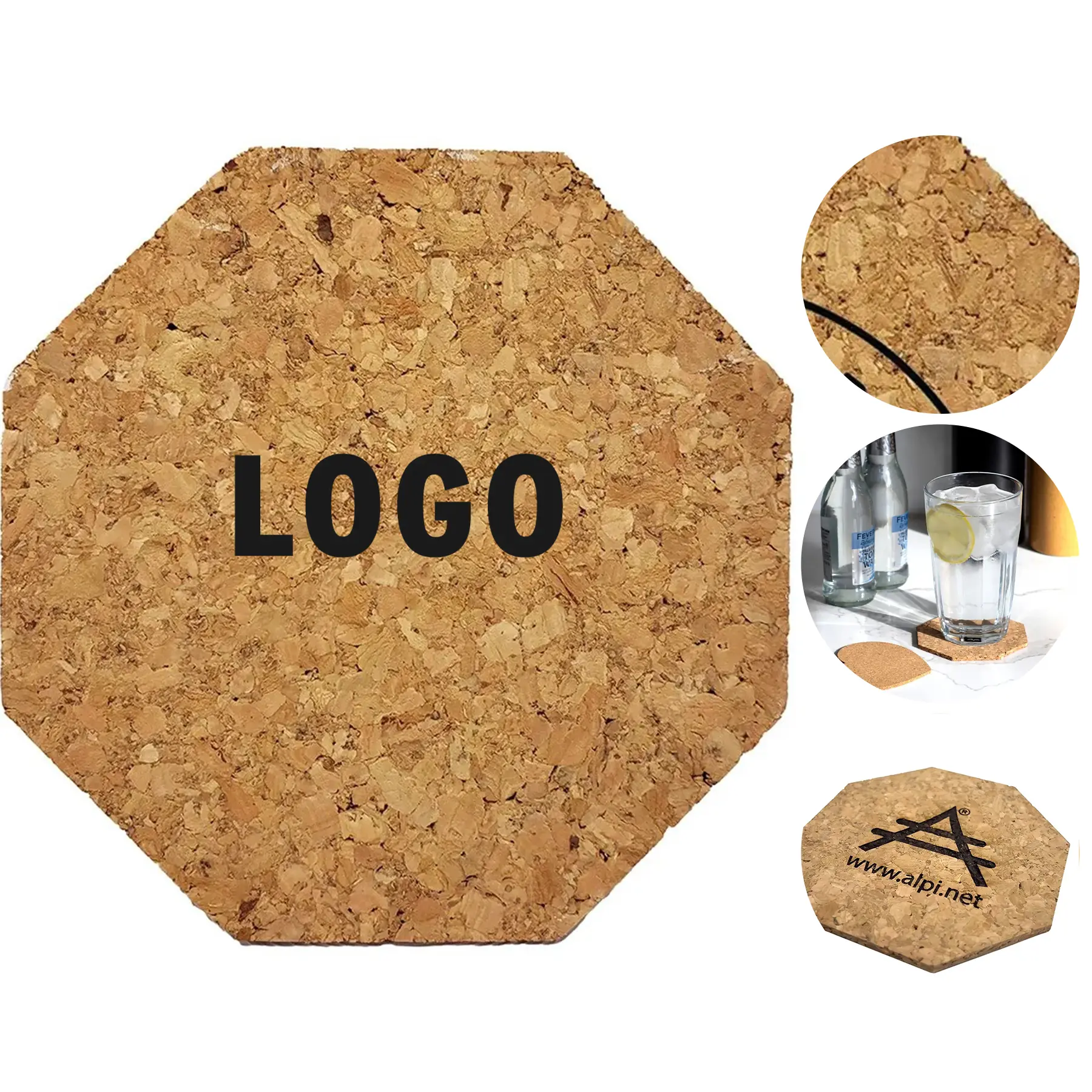 Natural Octagon Cork Coasters Handmade Set 2