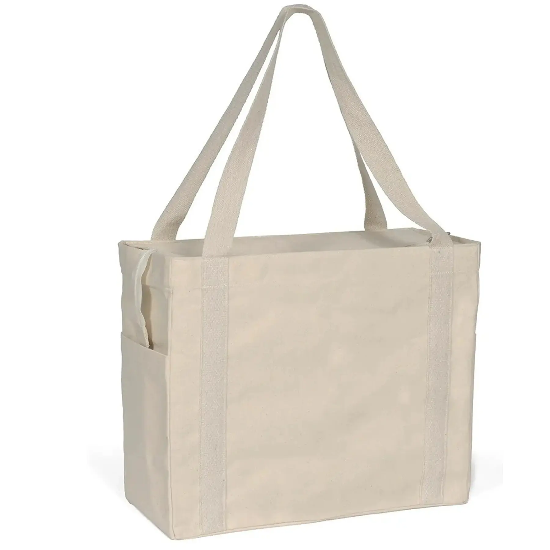 Canvas Zipper Close Tote Oversized Heavyweight Cotton Bag with Side Pockets