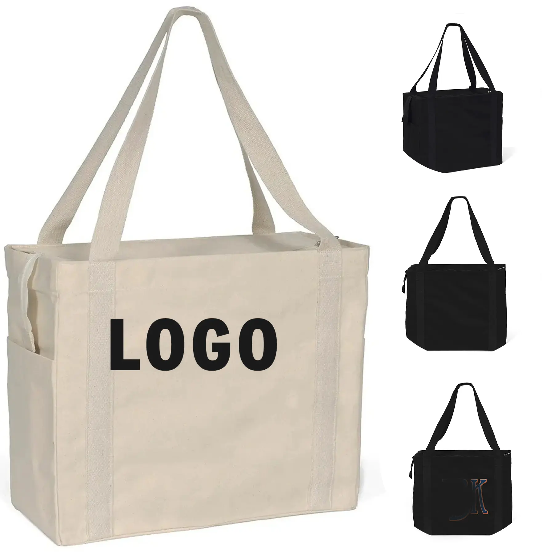 Canvas Zipper Close Tote Oversized Heavyweight Cotton Bag with Side Pockets 2