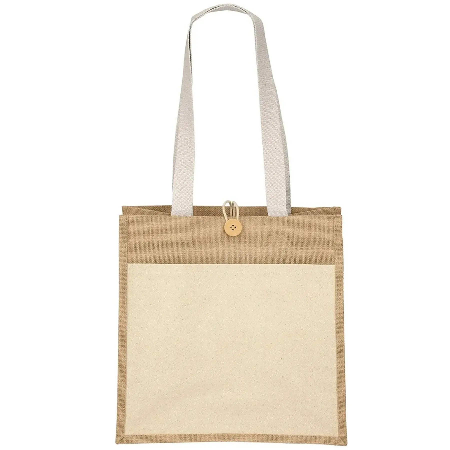 Natural Jute Tote Bag Cotton Front Pocket Wooden Button Closure Reusable