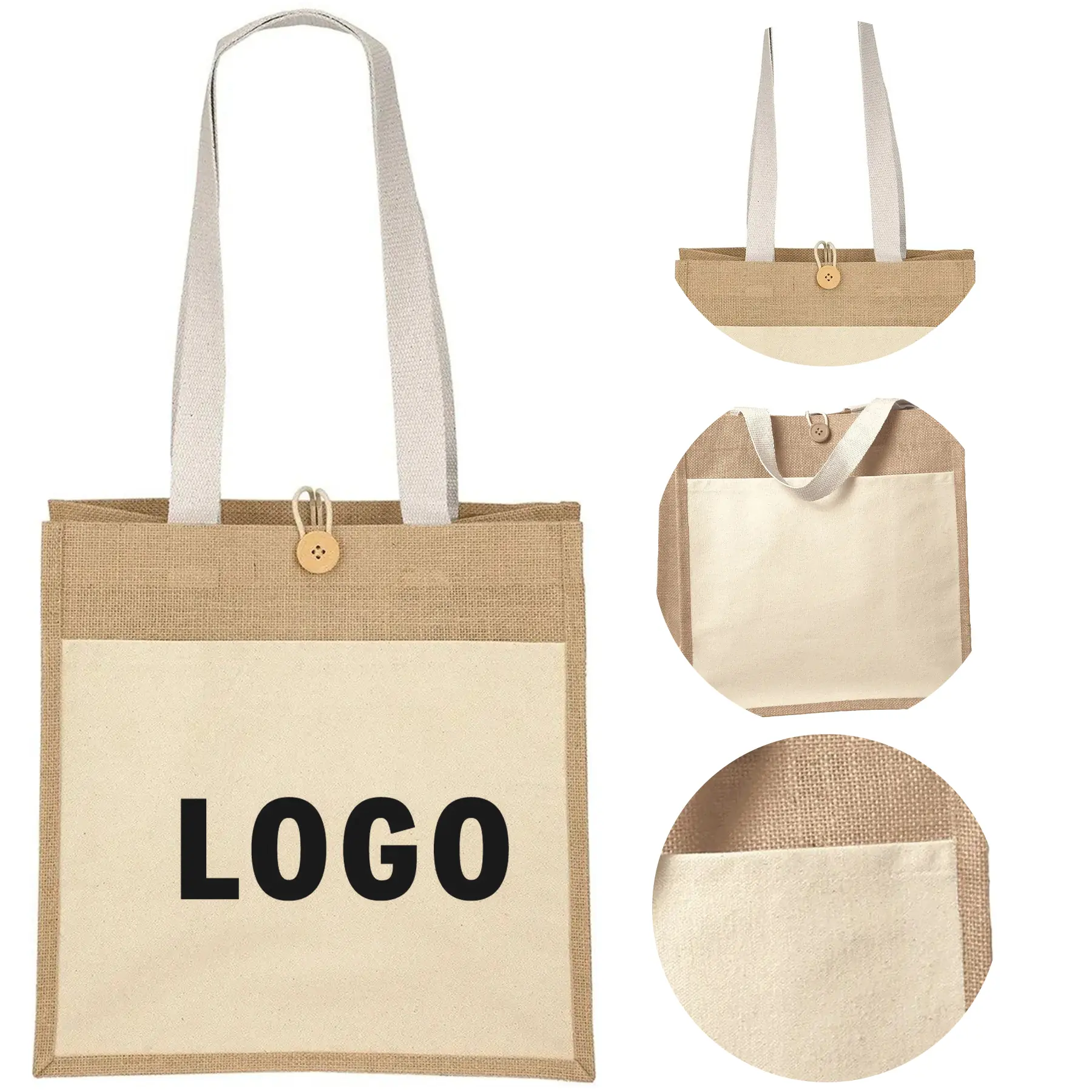 Natural Jute Tote Bag Cotton Front Pocket Wooden Button Closure Reusable 2