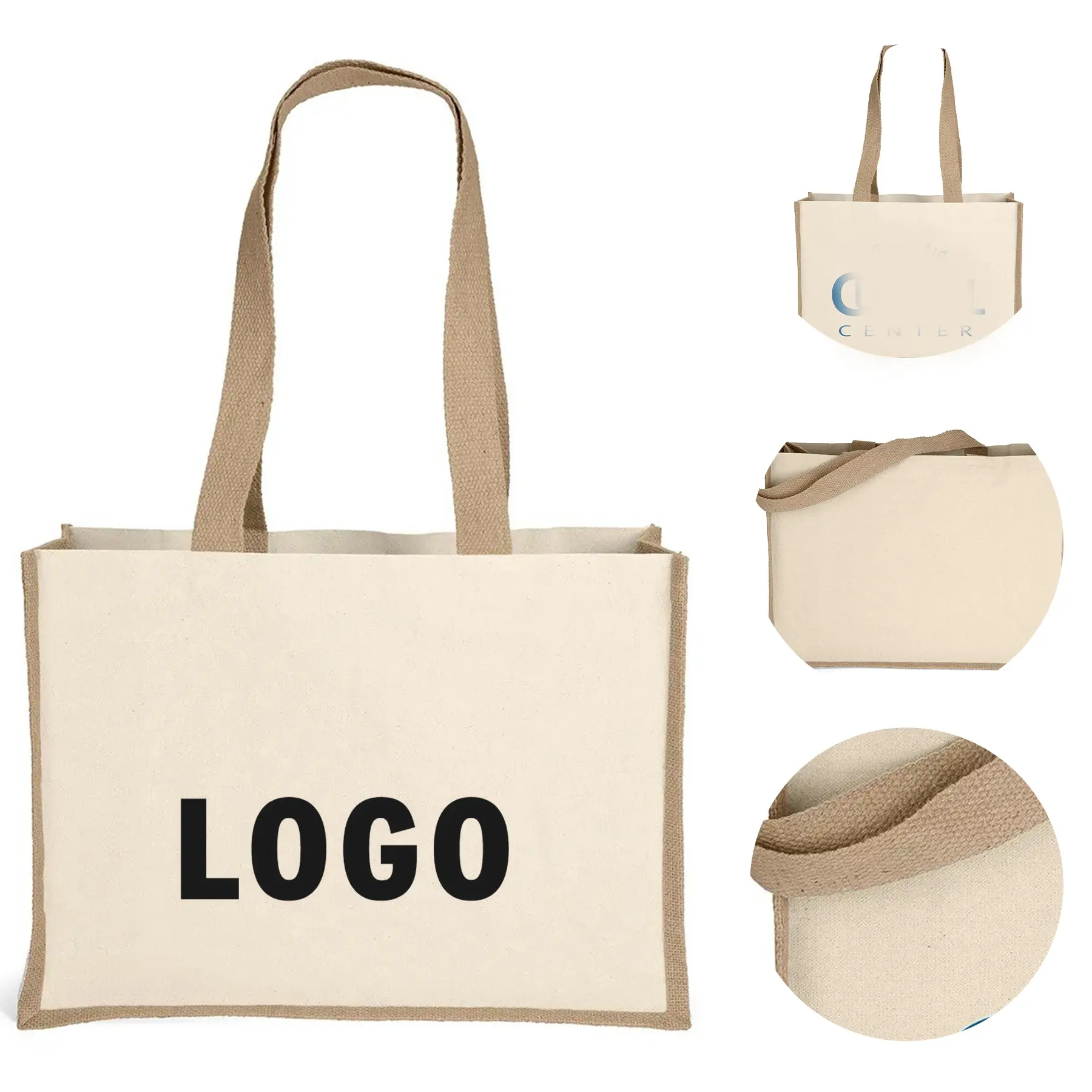 Natural Cotton Tote Bag with Jute Accents for Custom Screen Print 2