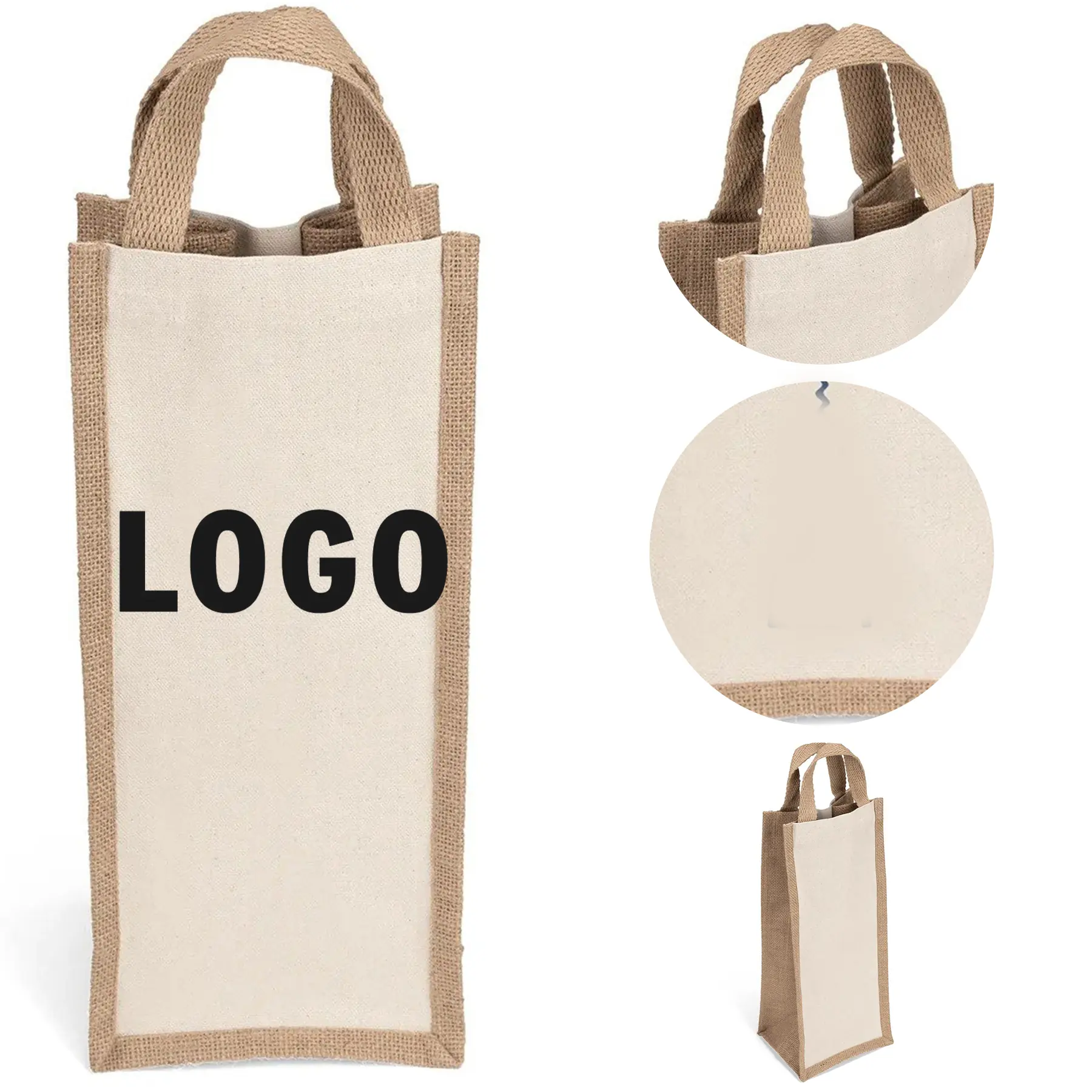Custom Screen Printed Natural Cotton Jute Tote Bag for Wine Bottles 2