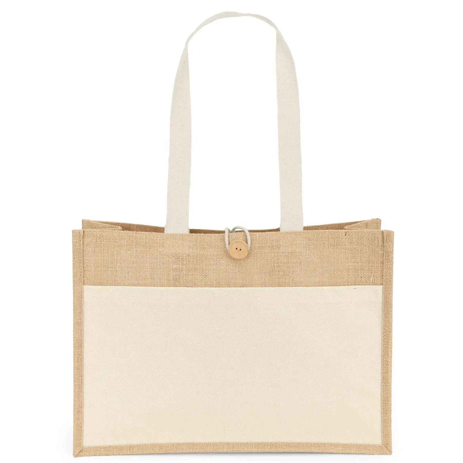 Natural Jute Tote Bag Cotton Pocket Wood Button Closure Reusable