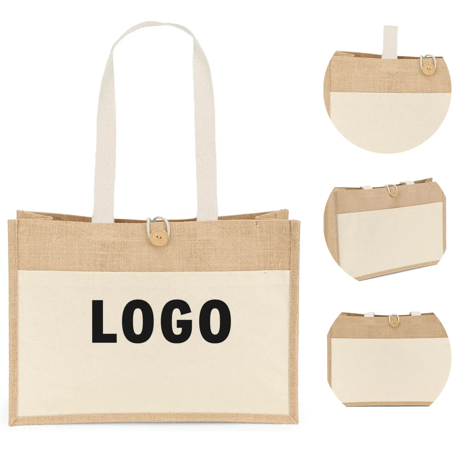 Natural Jute Tote Bag Cotton Pocket Wood Button Closure Reusable 2