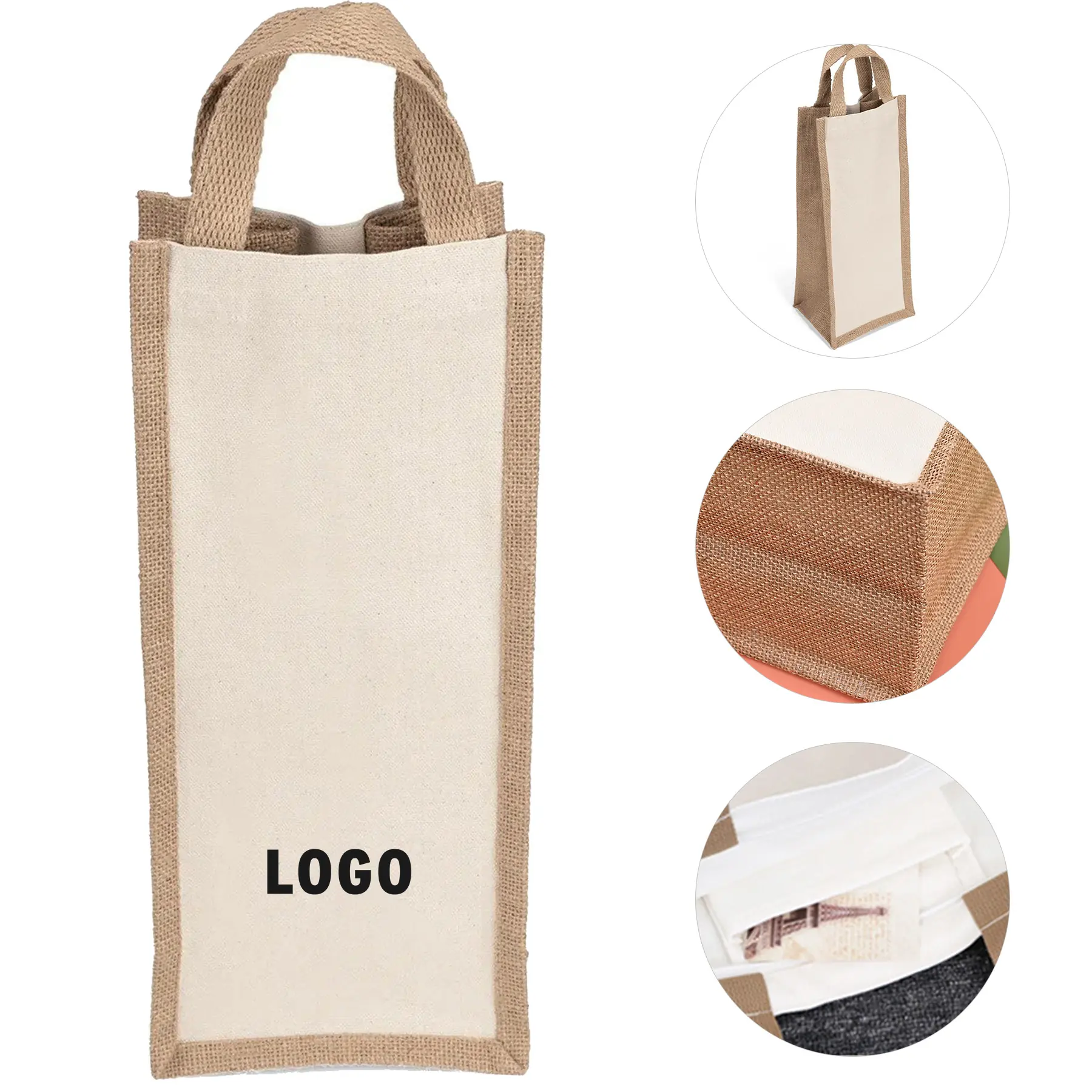 Organic Cotton Jute Wine Bottle Tote Bag Flat Handles 2
