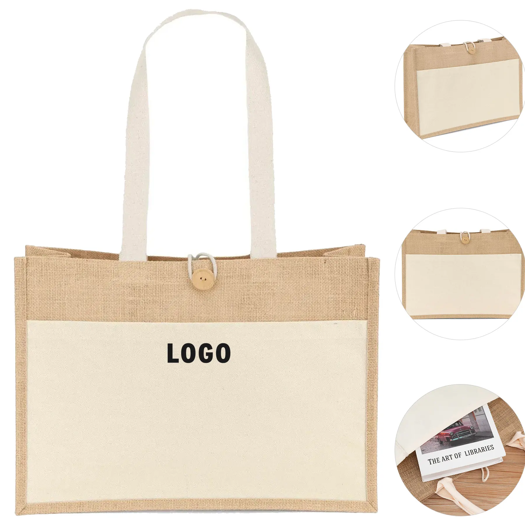 Eco Friendly Natural Jute Tote Bag with Cotton Front Pocket 2