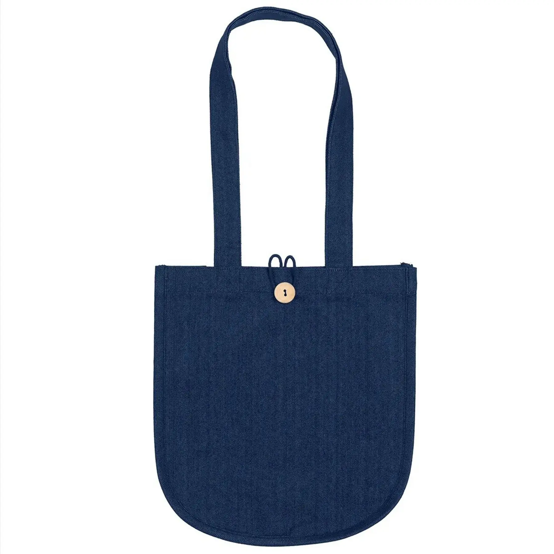 Dark Wash Denim Tote Bag Curved Bottom Wooden Button
