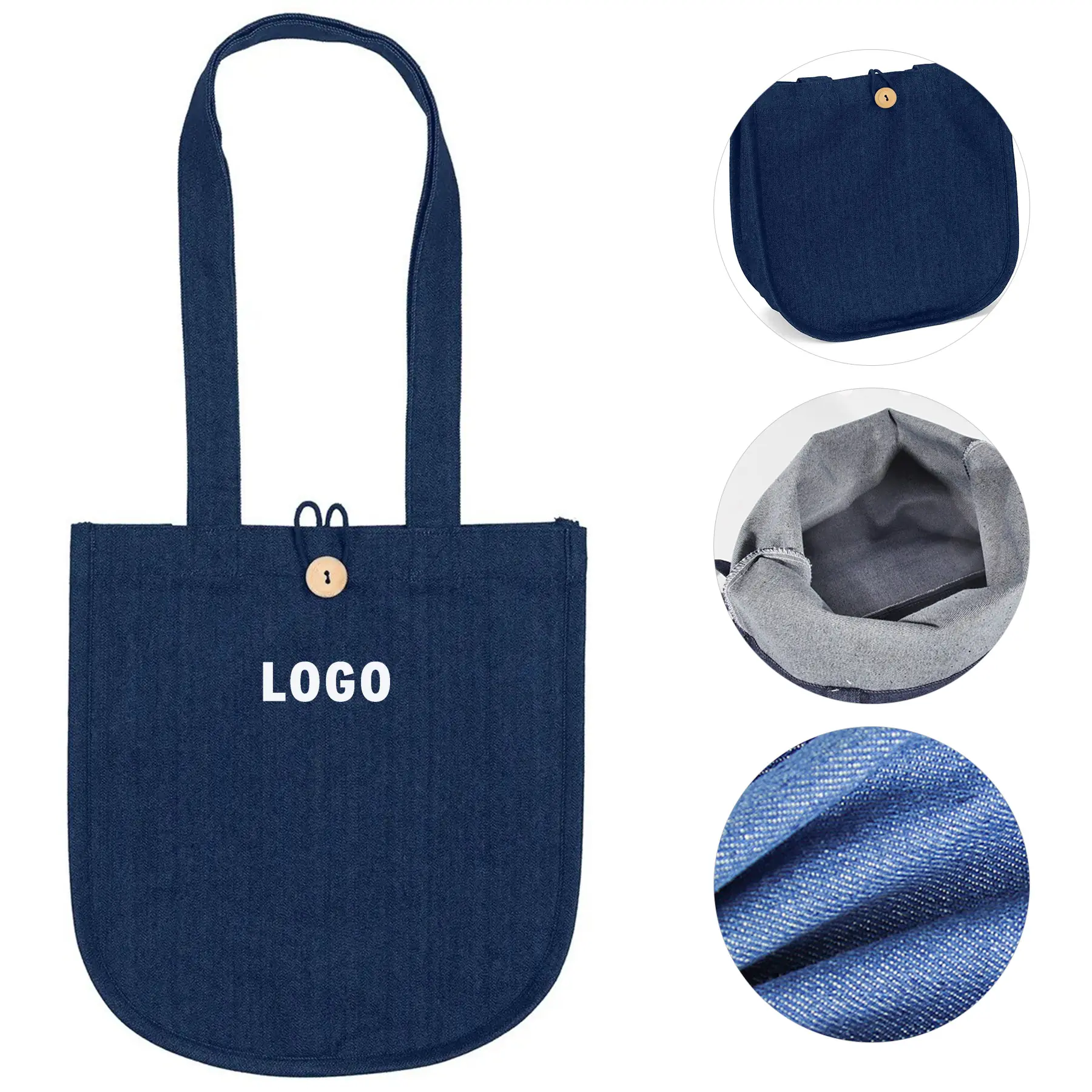 Dark Wash Denim Tote Bag Curved Bottom Wooden Button 2