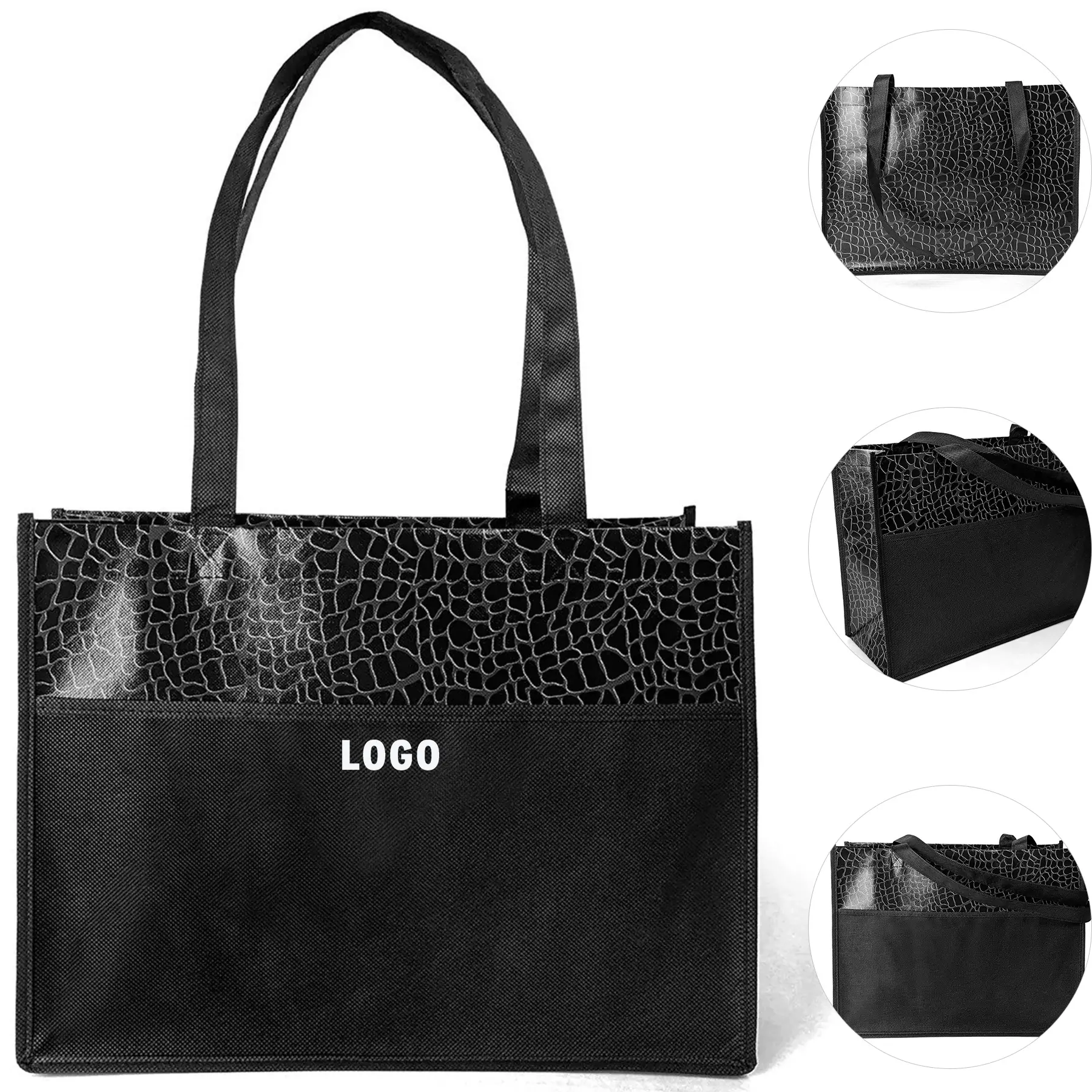 Sparkle Gloss Laminated Tonal Reptile Tote Bag Front Pocket 2