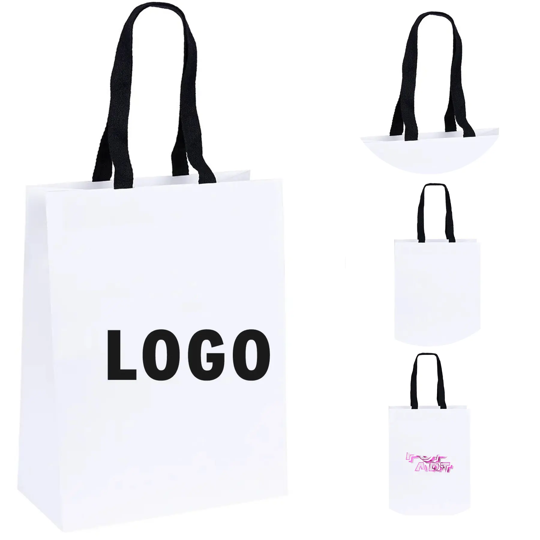 White Paper Euro Tote Bag Black Woven Handles Foil Print Custom 2