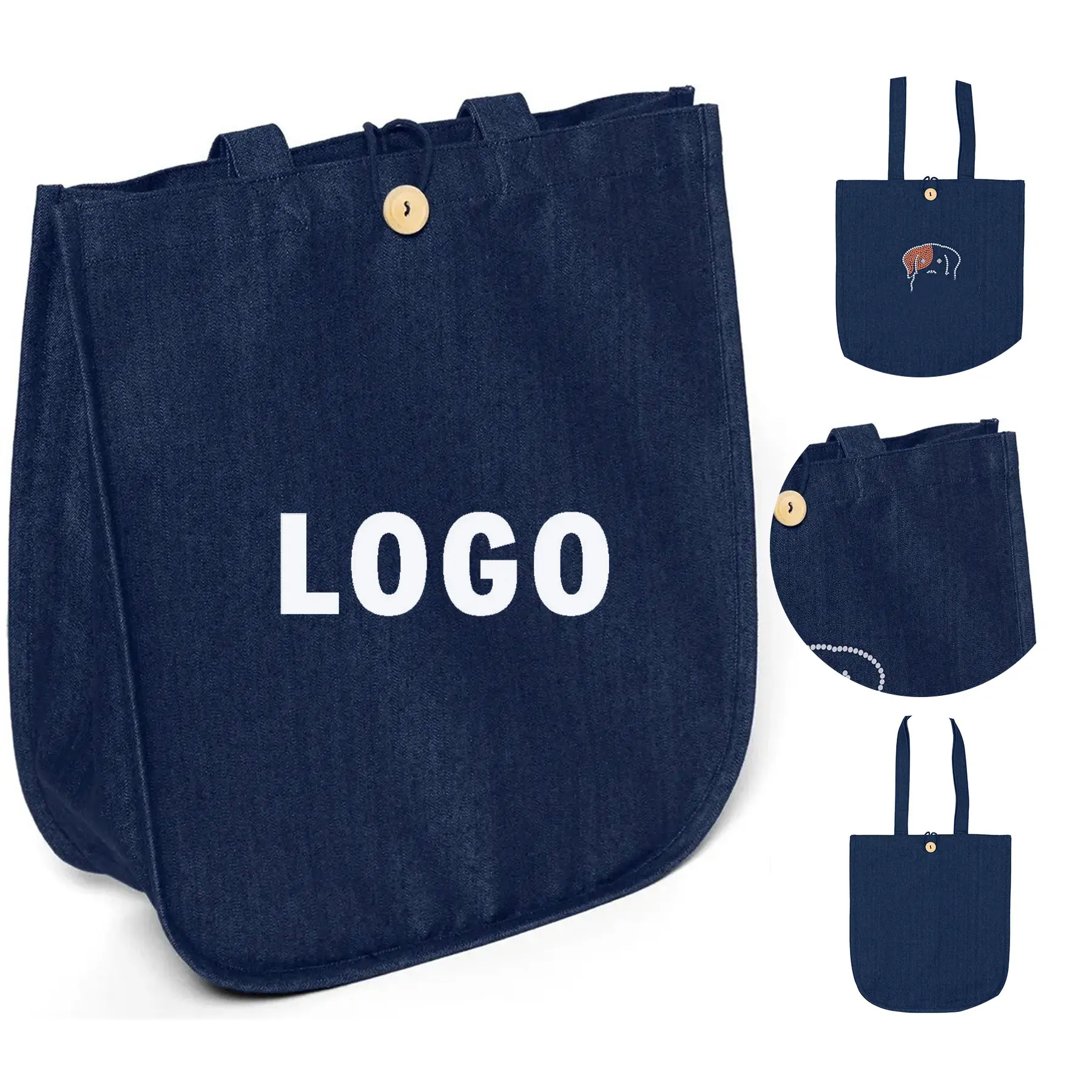 Sparkle Denim Tote Bag Wooden Button Closure 2