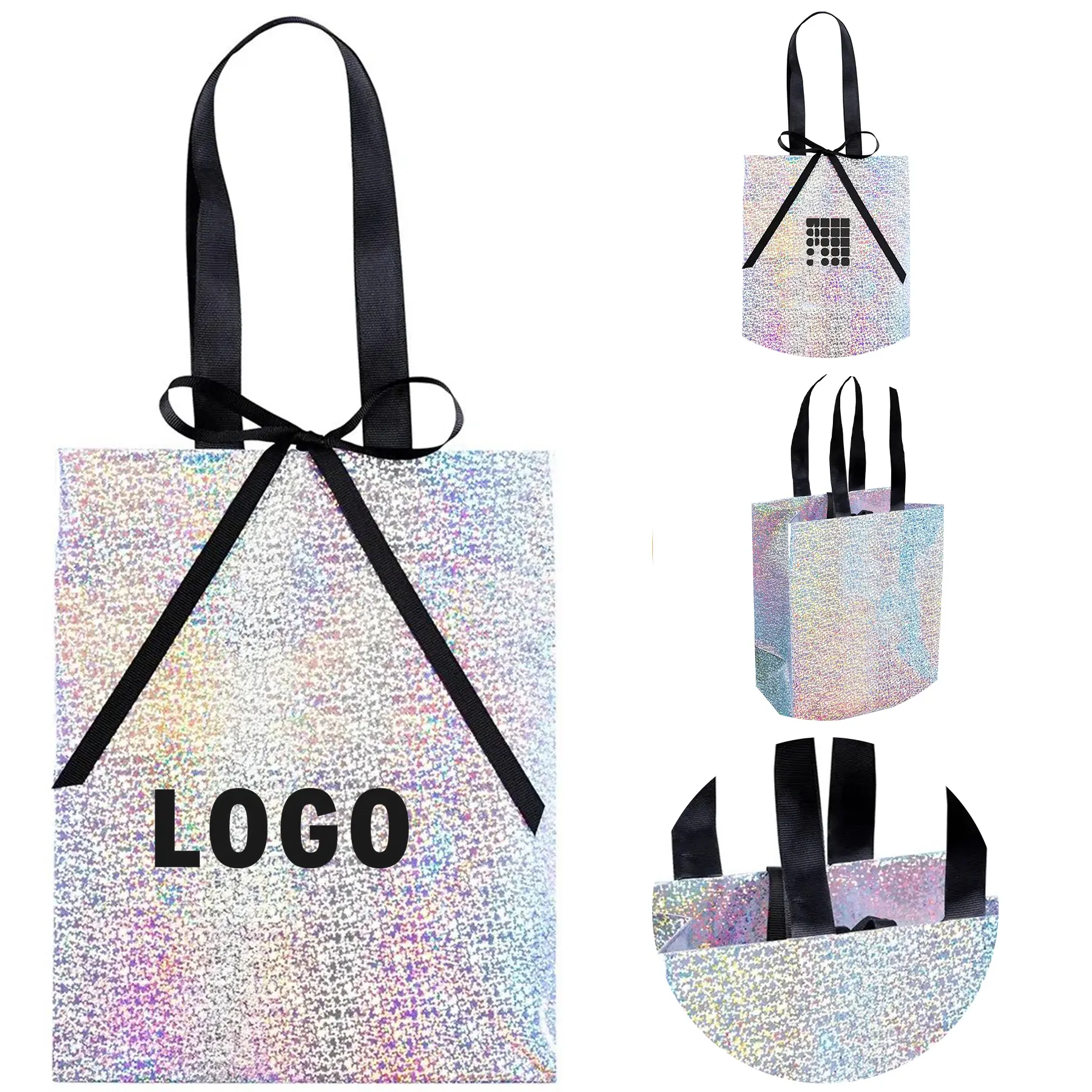 Iridescent Foil Gift Tote with Black Ribbon Handles 2