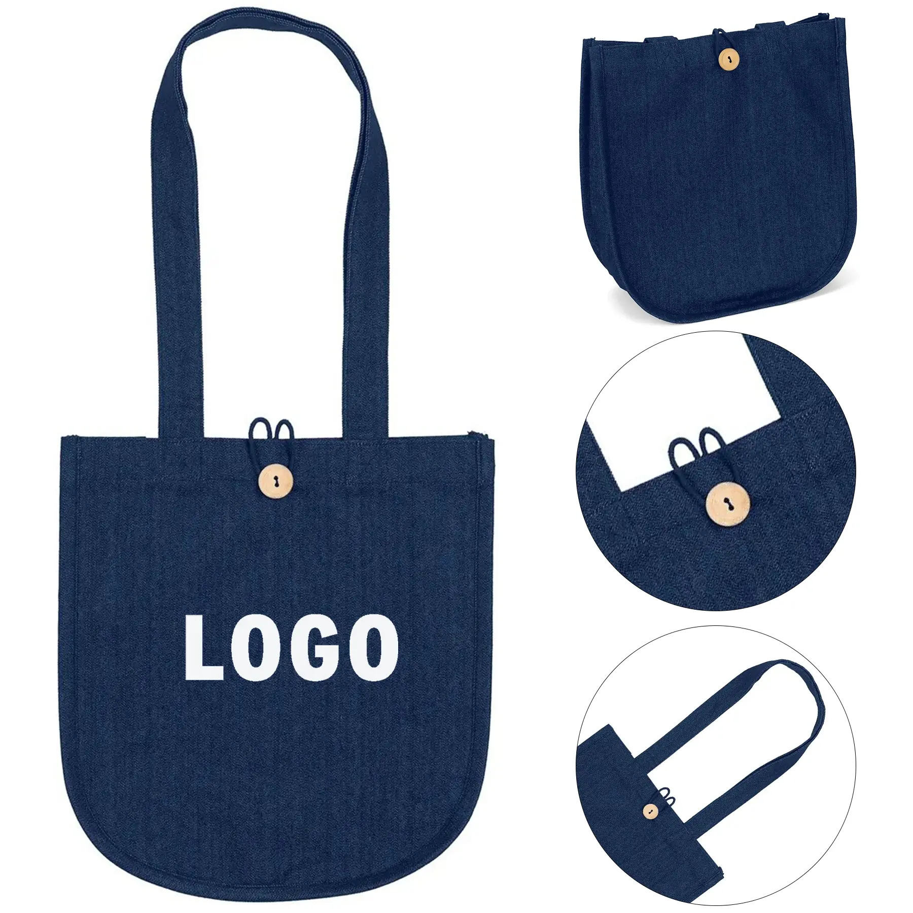 Sparkle Denim Tote Bag Wooden Button Closure 2