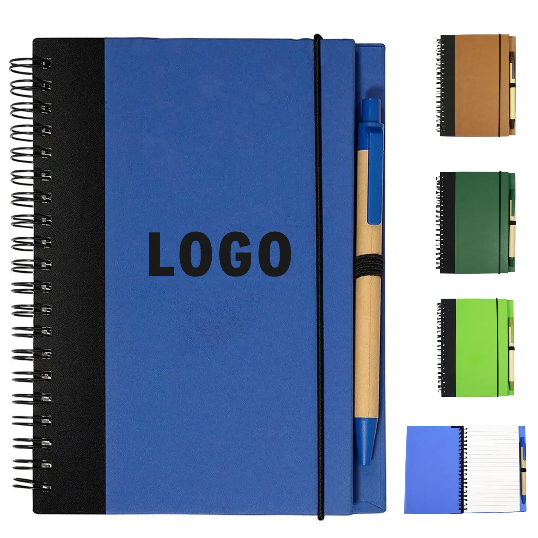 Hard Cover Kraft Spiral Notebook 70 Lined Sheets Pen Set Elastic Loop 2