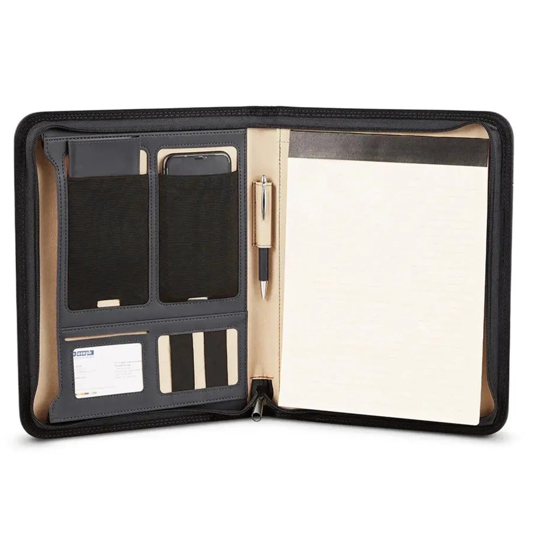 Premium Faux Leather Zip Portfolio with Organizer Pockets & Notepad