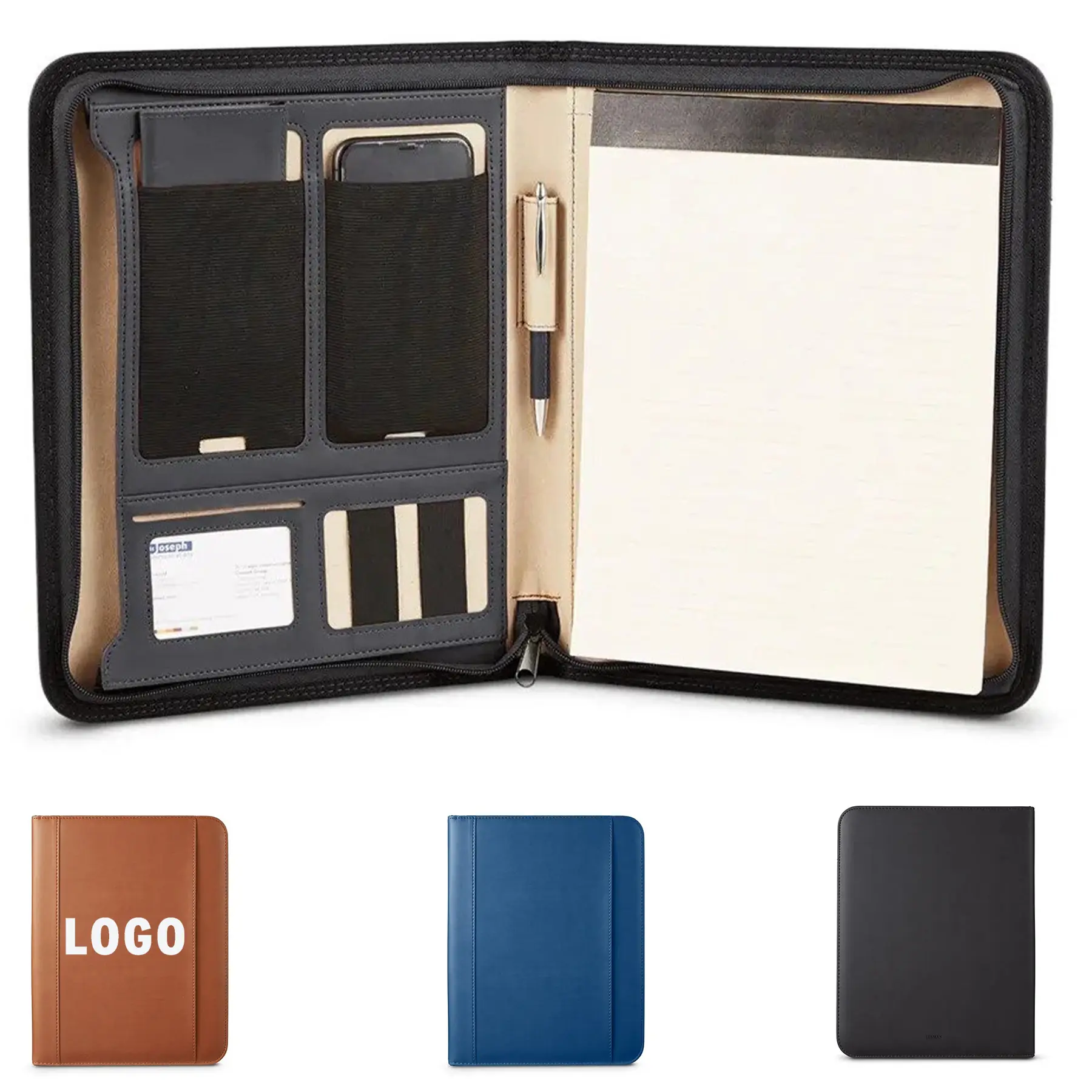 Premium Faux Leather Zip Portfolio with Organizer Pockets & Notepad 2