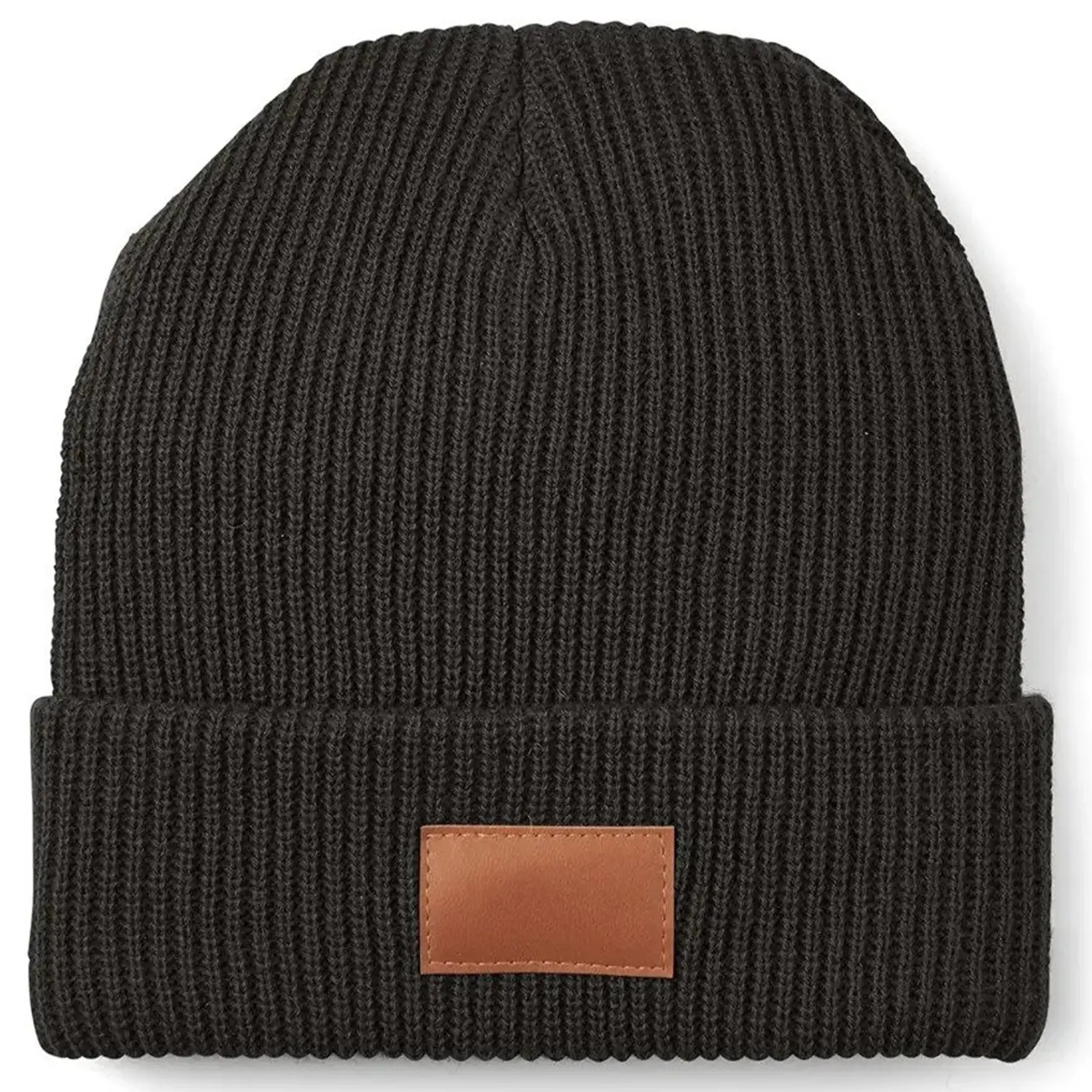 Warm Cuffed Ribbed Beanie with Vegan Leather Patch