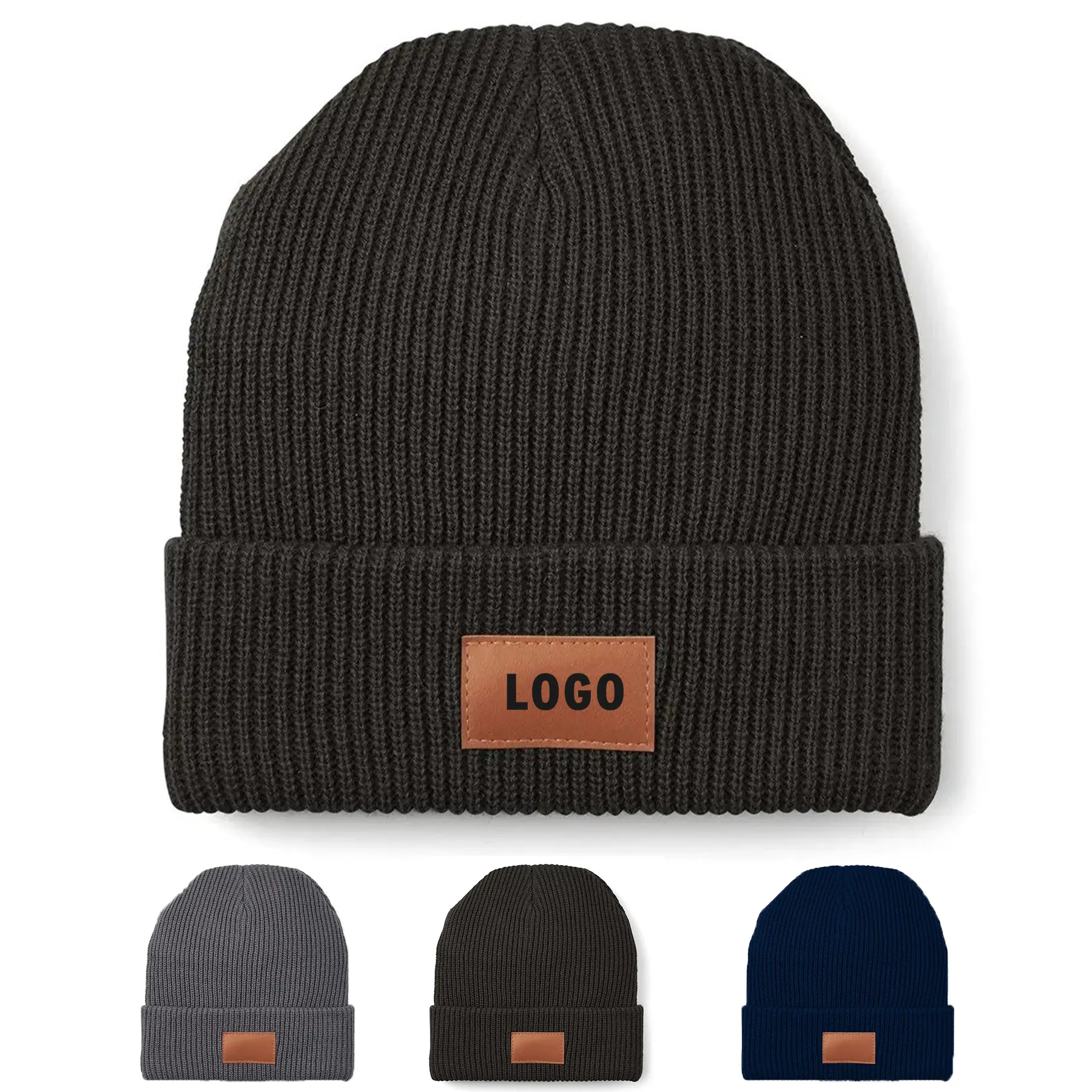Warm Cuffed Ribbed Beanie with Vegan Leather Patch 2