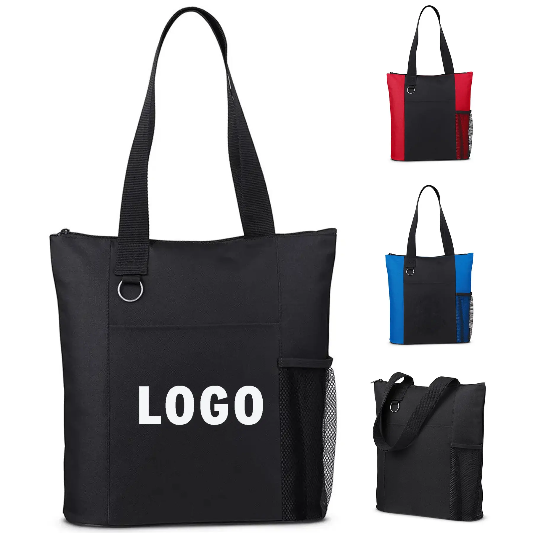 Heavy Duty 600D Polyester Zippered Tote Bag Front Pocket Side Mesh Metal Key Ring 2
