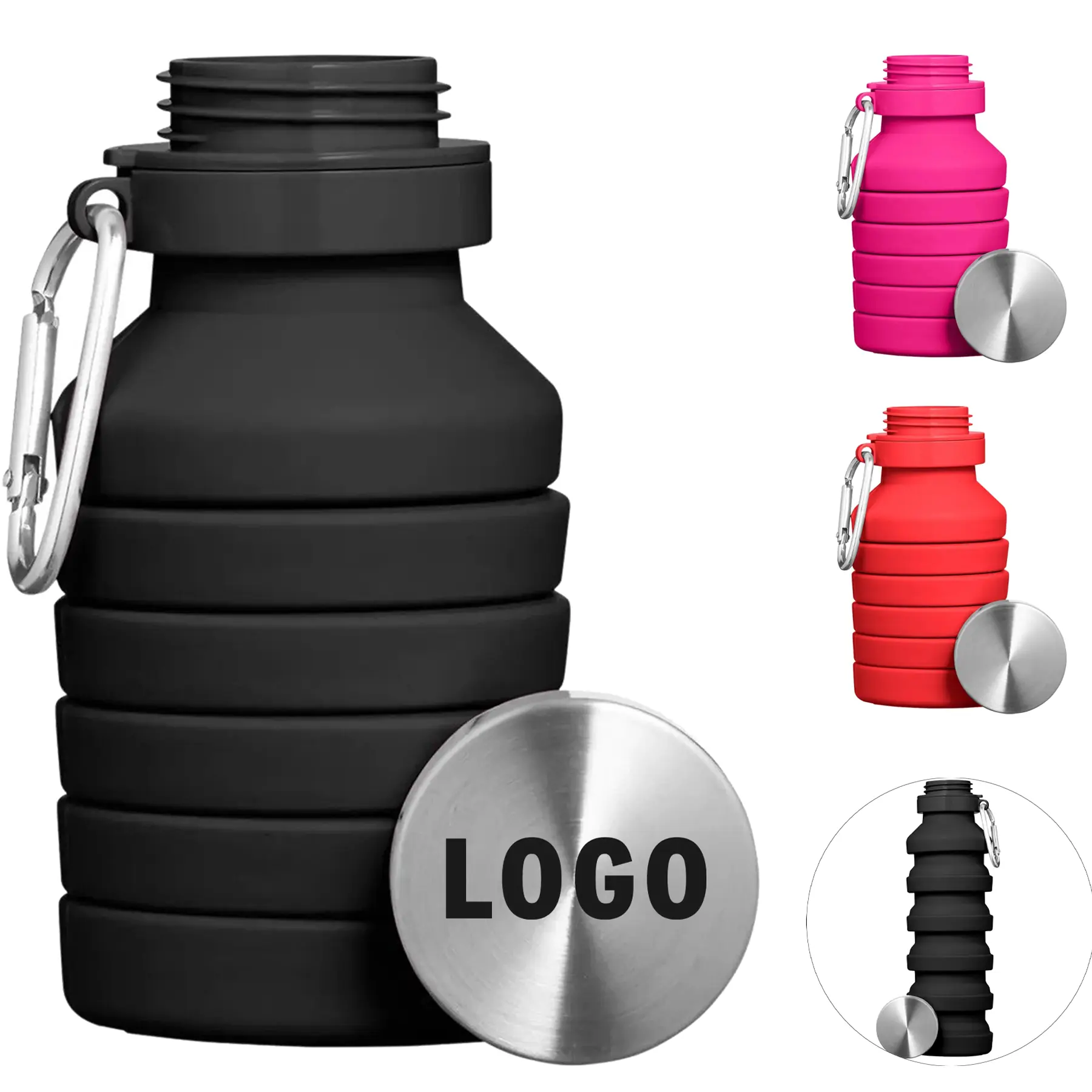Collapsible Silicone Water Bottle 18 Ounce Screw Top Lid Carabiner Clip 2
