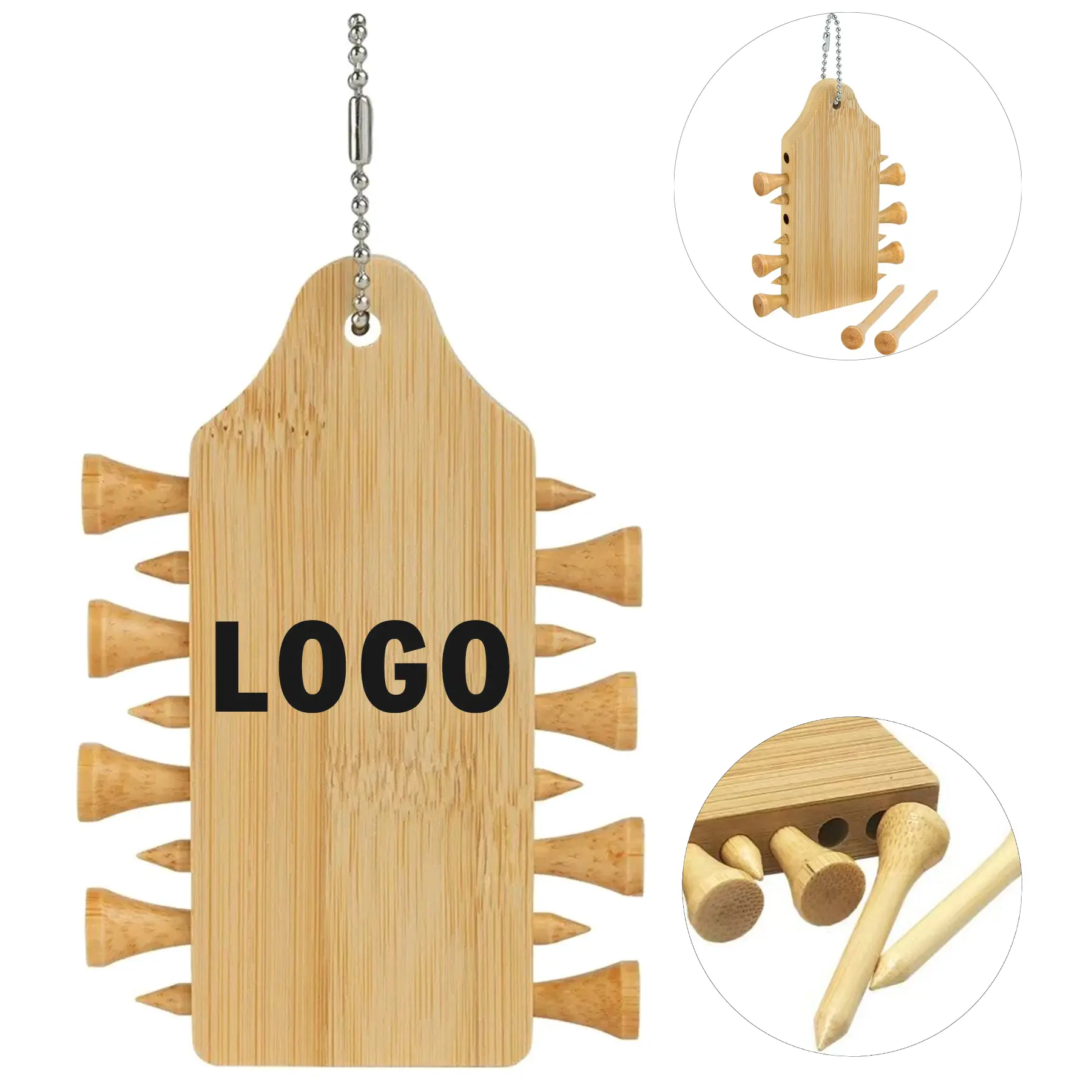 Eco Friendly Bamboo Golf Tee Set Holder 8 Tees Ball Chain 2