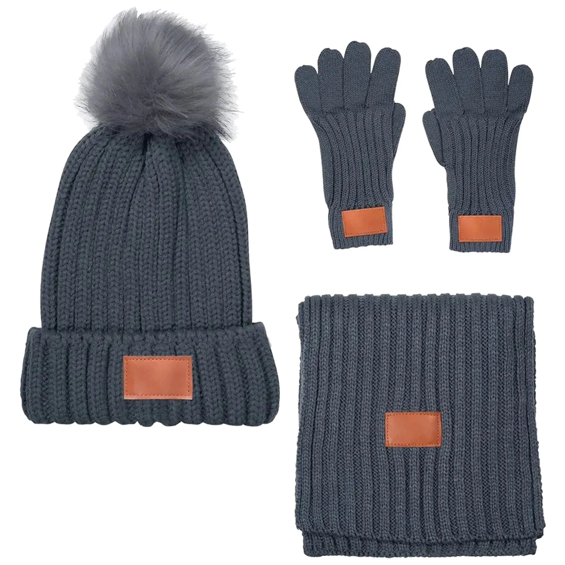 Faux Fur Pom Rib Knit Beanie Scarf Gloves Winter Set
