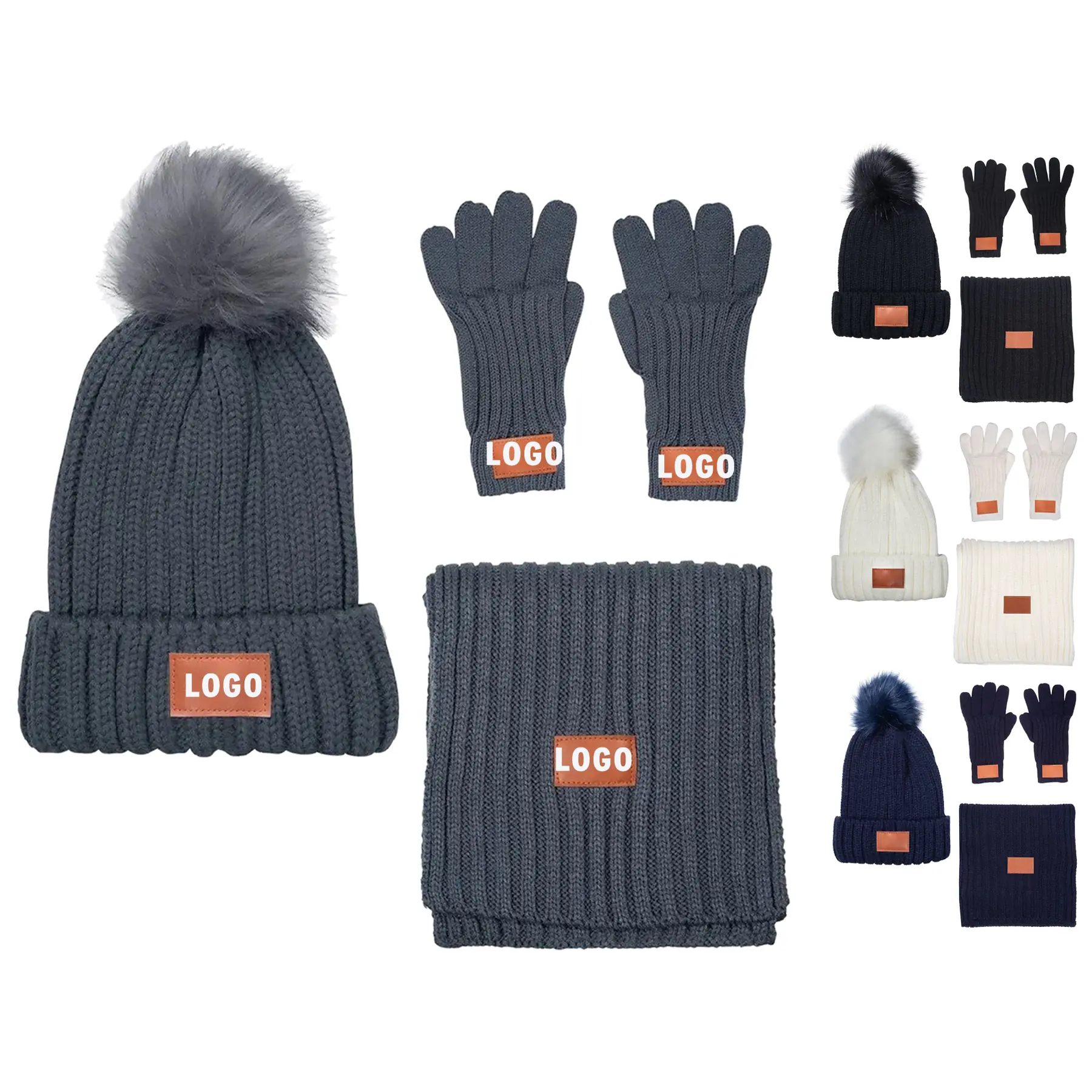 Faux Fur Pom Rib Knit Beanie Scarf Gloves Winter Set 2