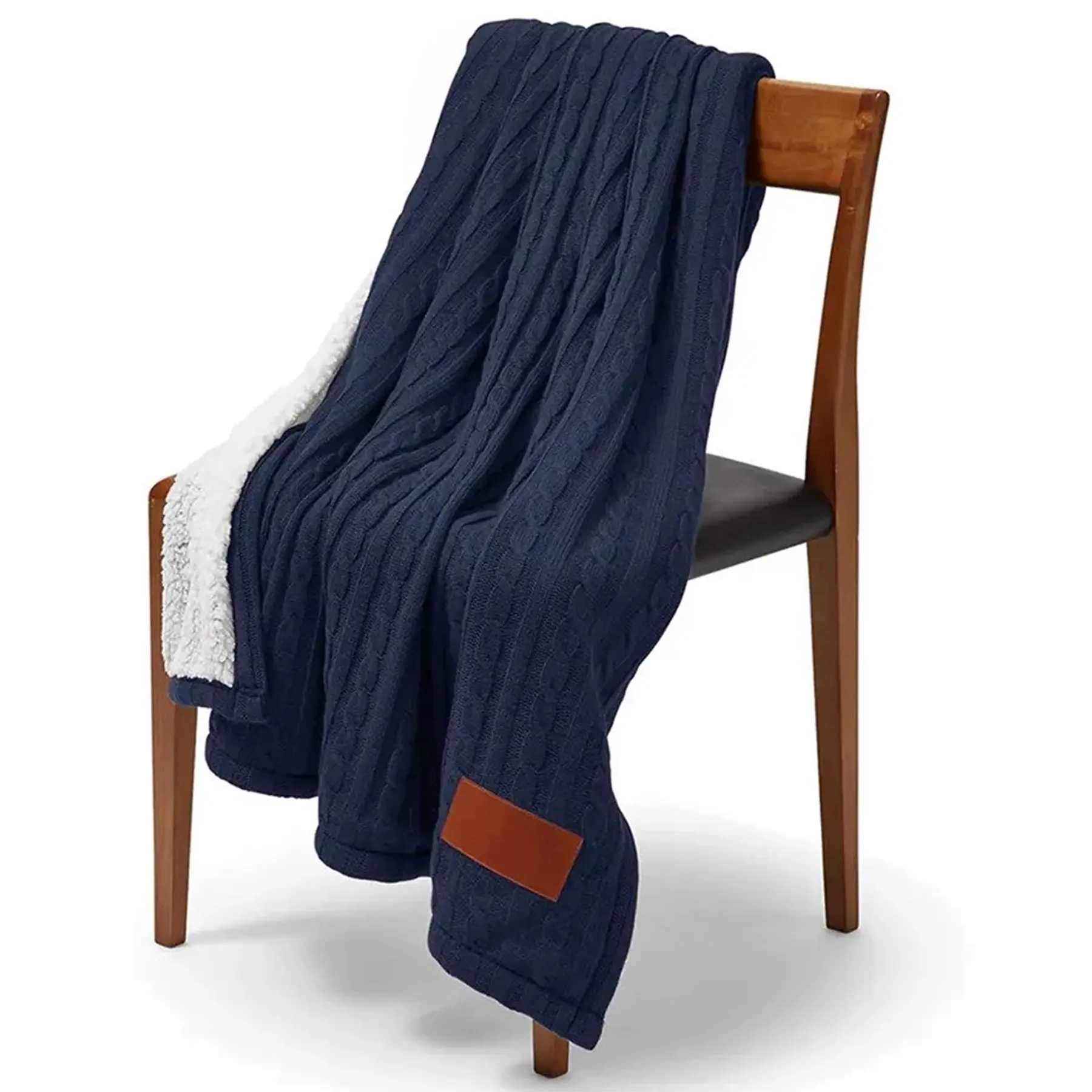 Plush Cable Knit Sherpa Throw with Faux Leather Accent