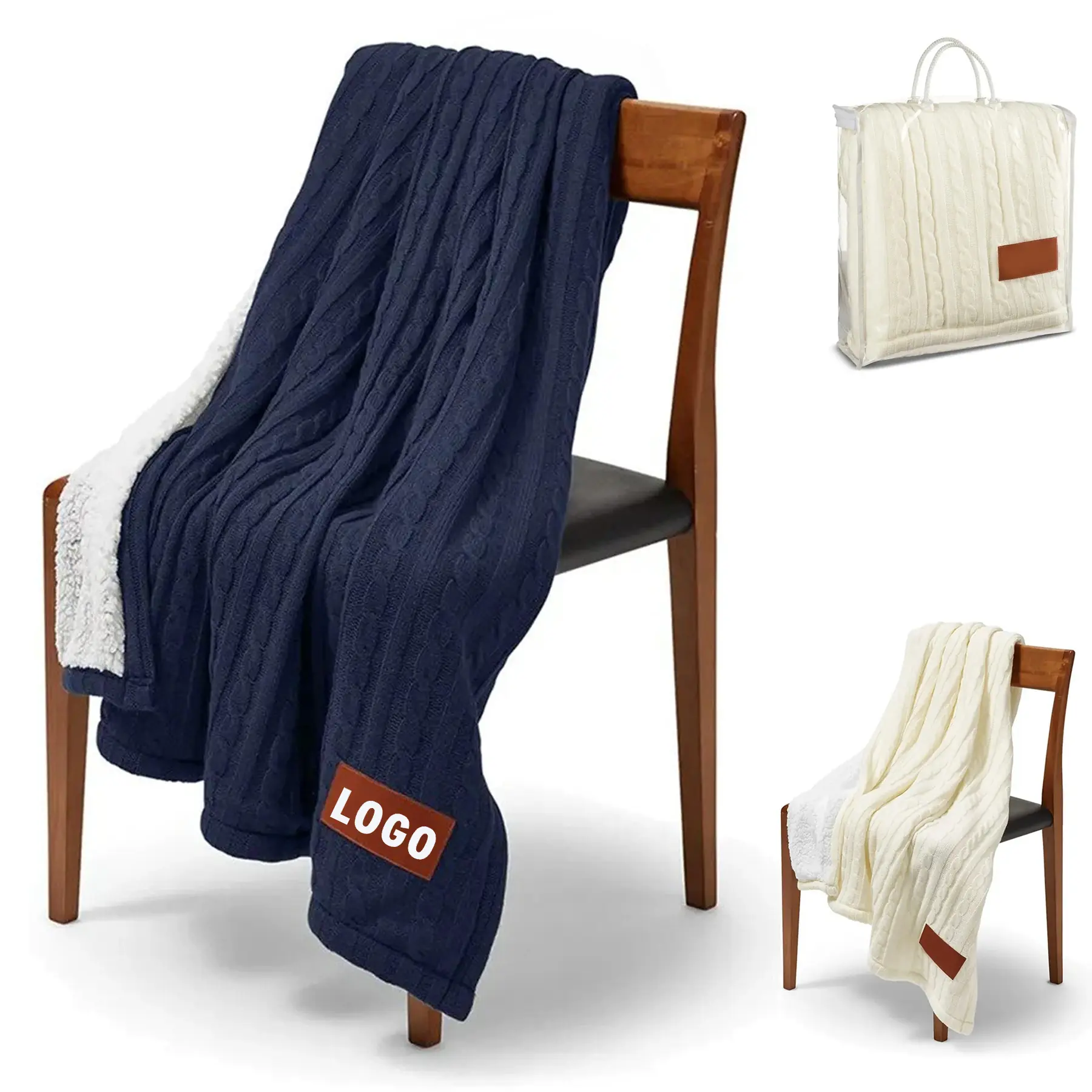 Plush Cable Knit Sherpa Throw with Faux Leather Accent 2