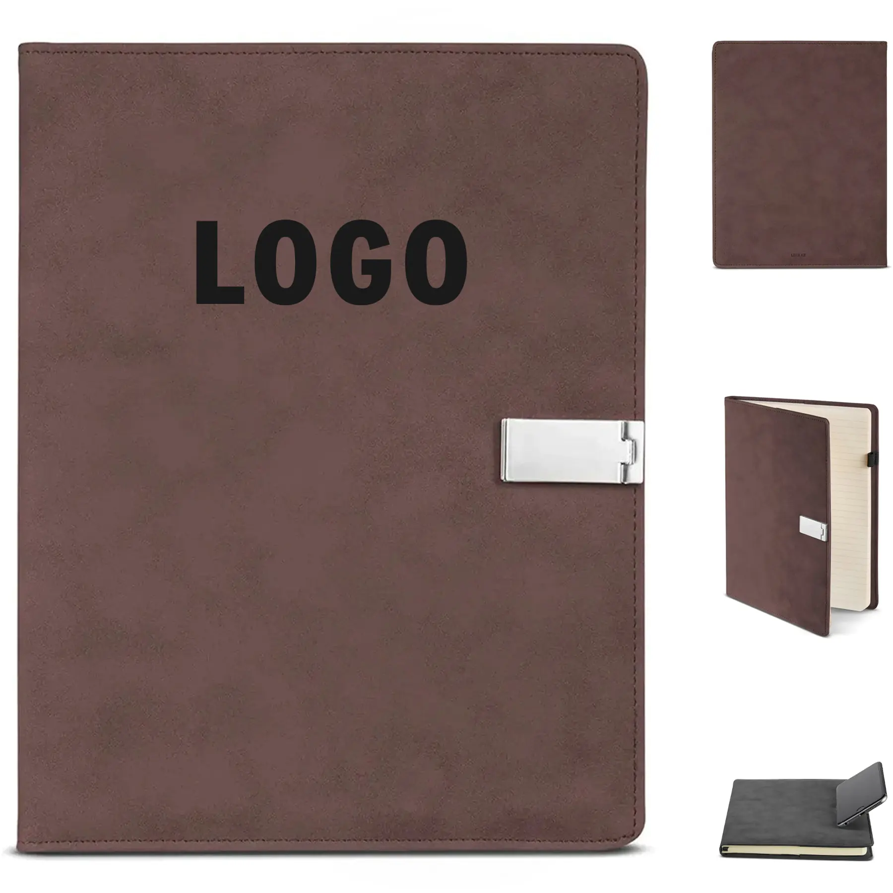 Luxury Faux Suede Refillable Journal Cover Phone Stand Card Slots Pen Holder Magnetic Closure 2
