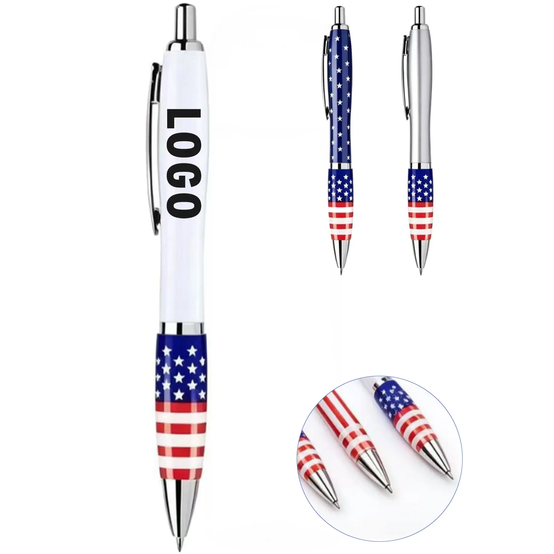 Patriotic American Flag Retractable Ballpoint Pen Silver Accents 2