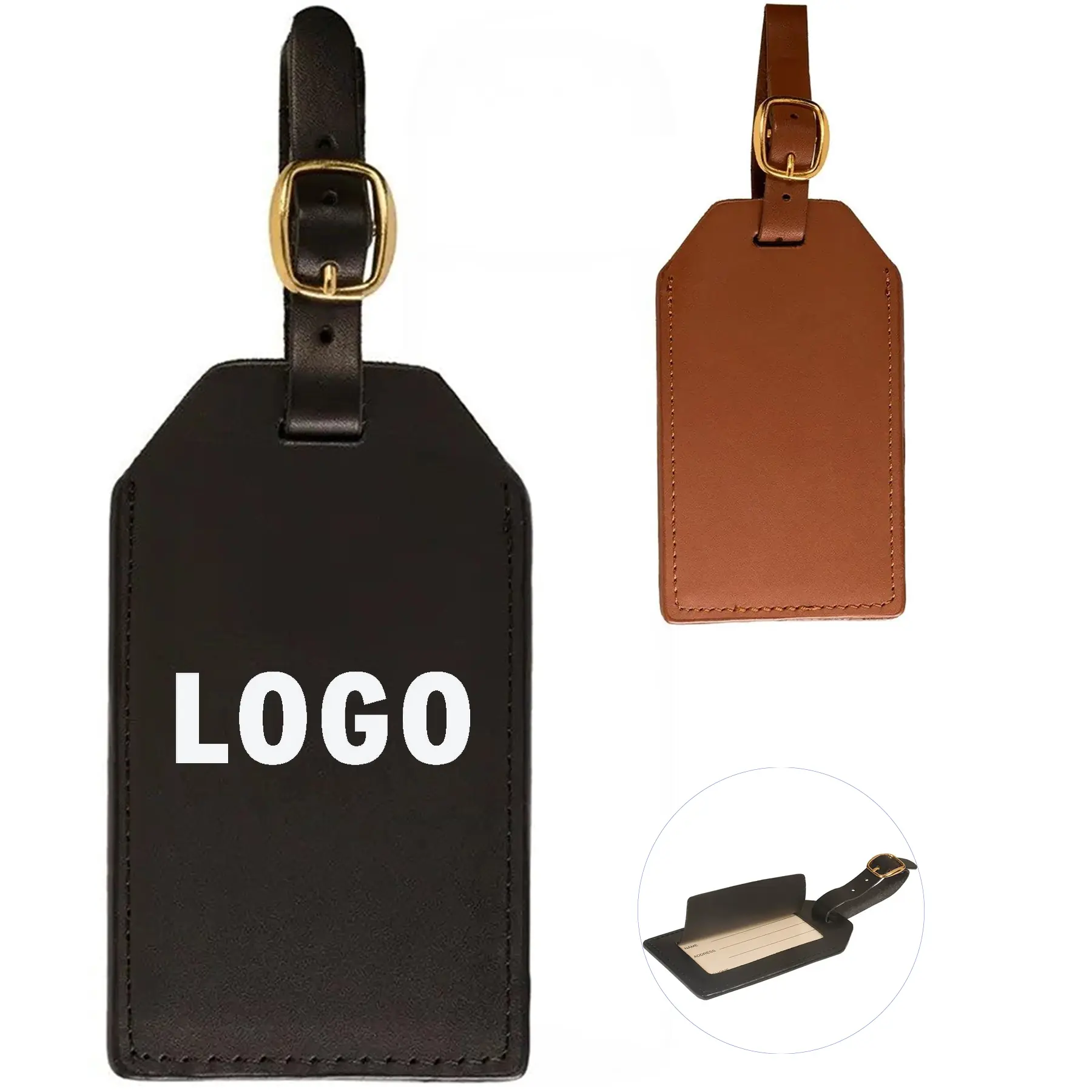 Sueded Full Grain Leather Luggage Tag Zinc Alloy Buckle 2