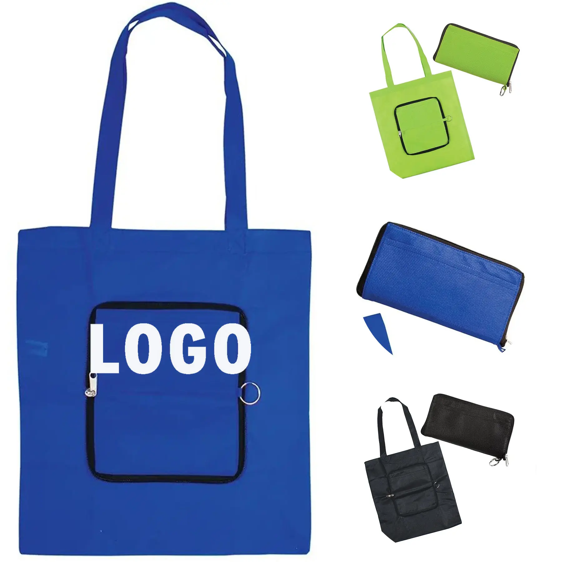 Reusable Zippered Shopping Tote Bag with Front Pocket and Key Ring Loop 2