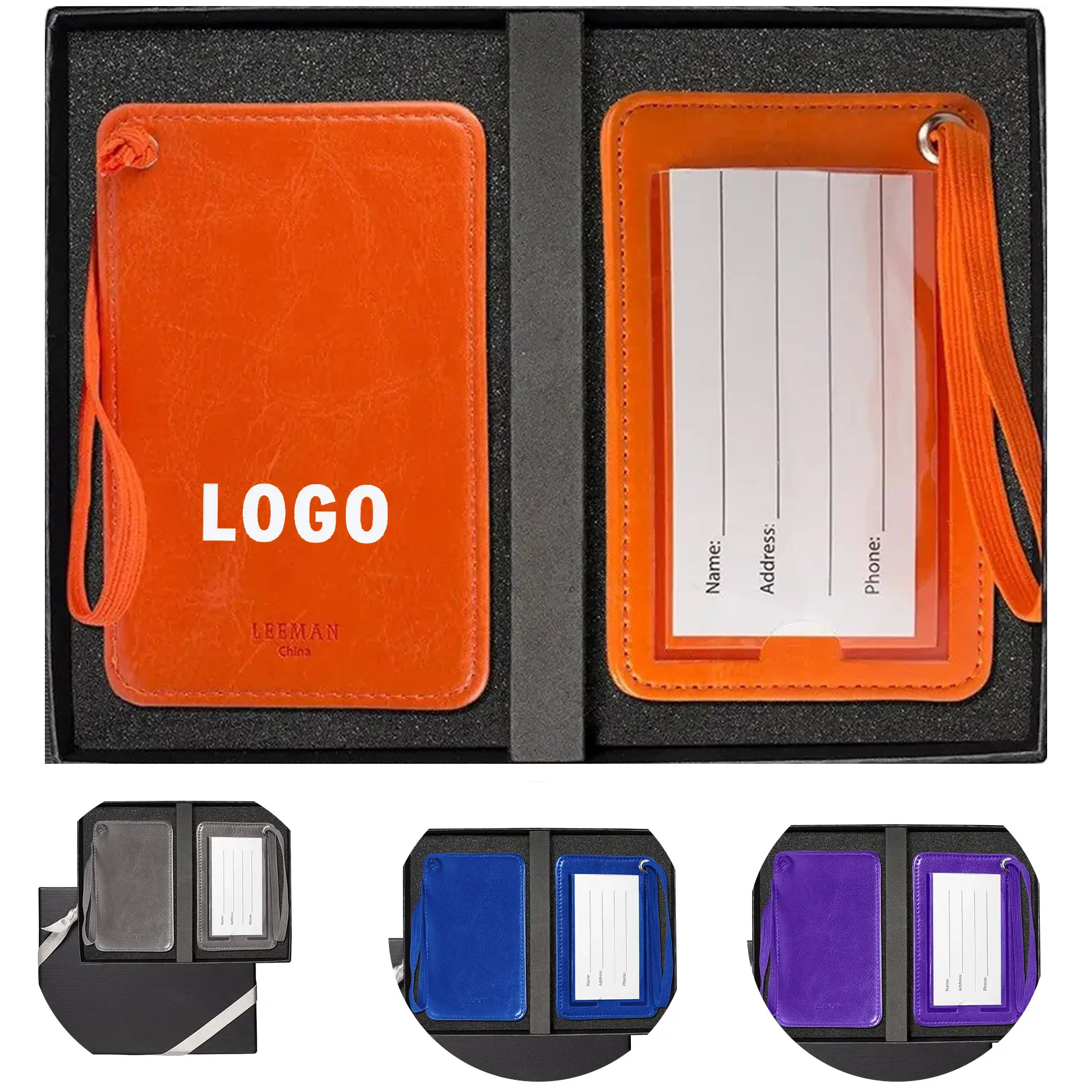 Premium PU Leather Luggage Tag Set with Clear Window for Travel 2