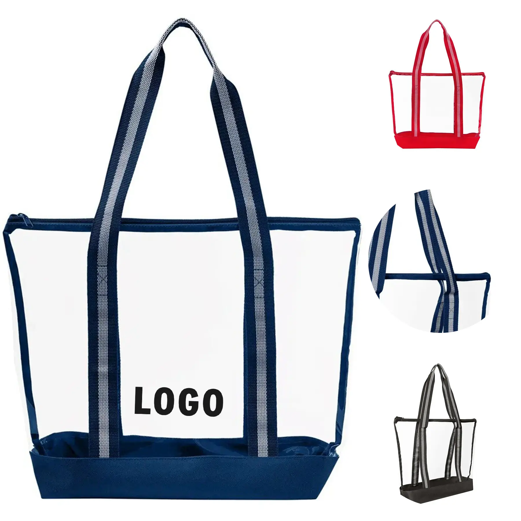 Clear Zipper Tote Bag TPU Polyester Base Striped Handles 2