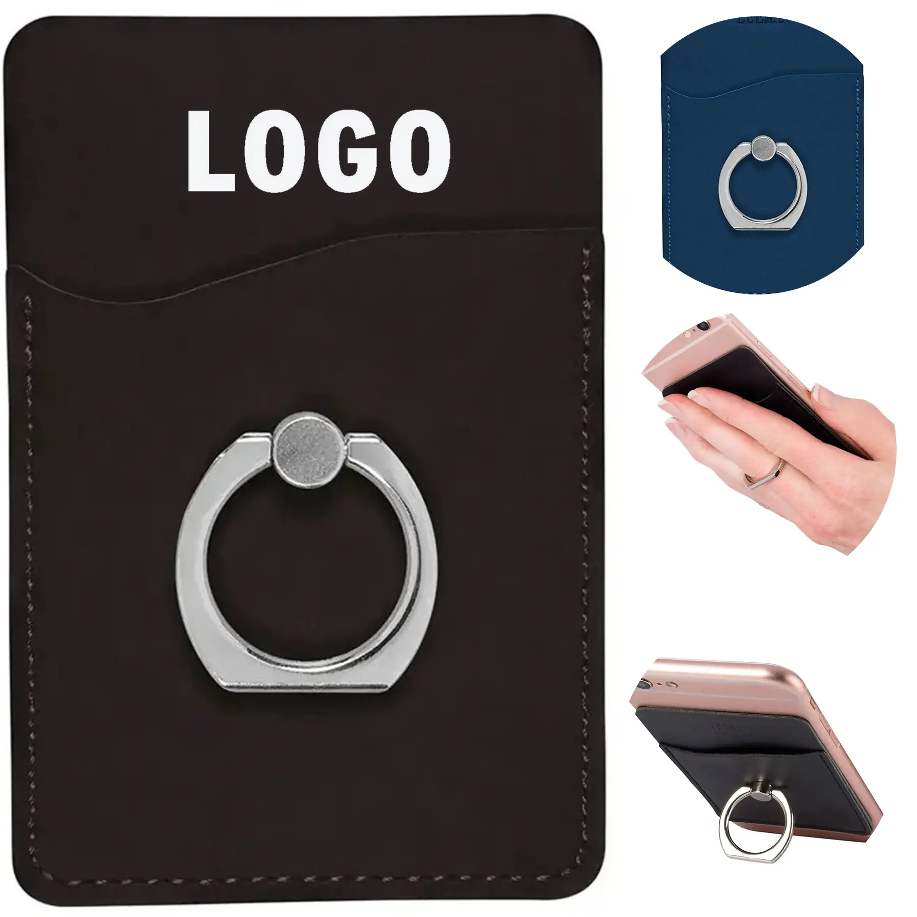 PU Leatherette Card Wallet Phone Stand Magnetic Ring Holder 2