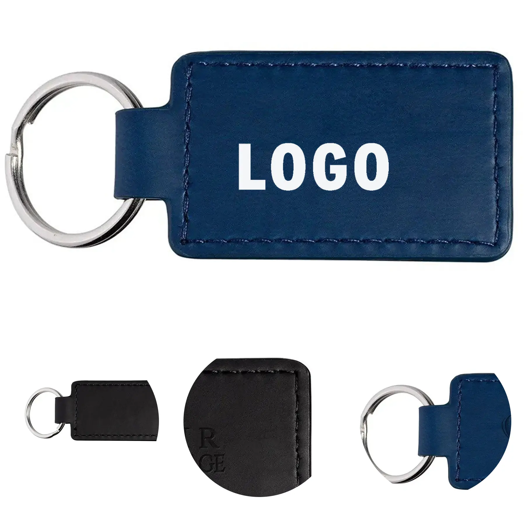 Soft Faux PU Leather Rectangle Keychain Metal Split Ring 2