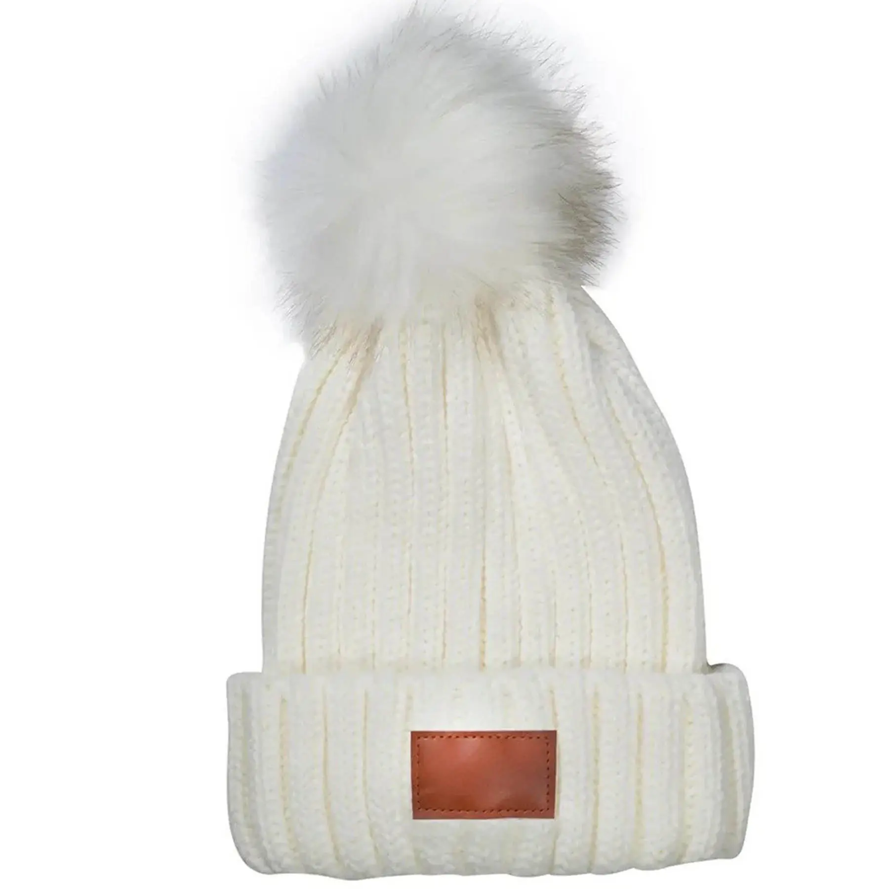 Faux Fur Pom Pom Knit Beanie Deboss Patch Cuff