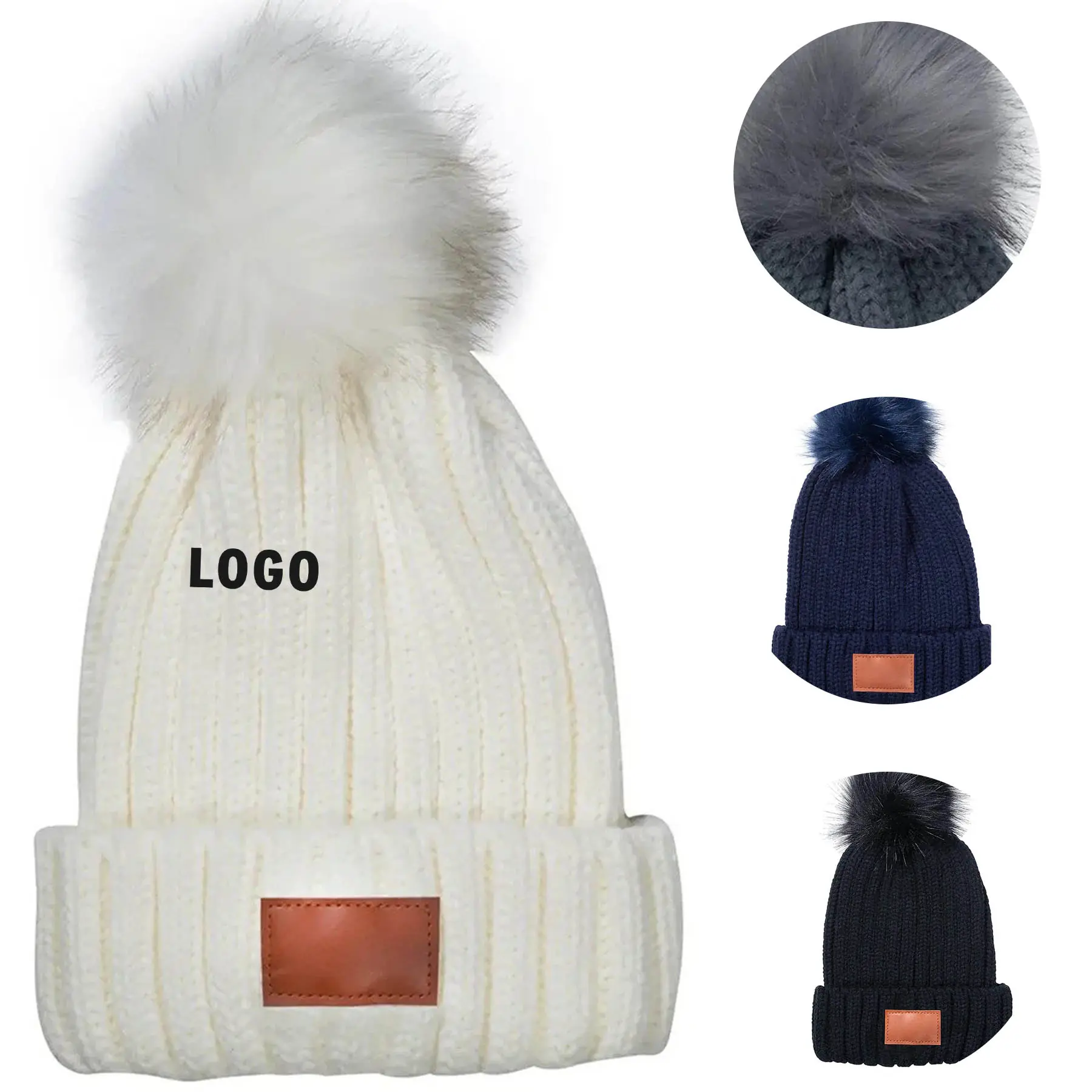Faux Fur Pom Pom Knit Beanie Deboss Patch Cuff 2