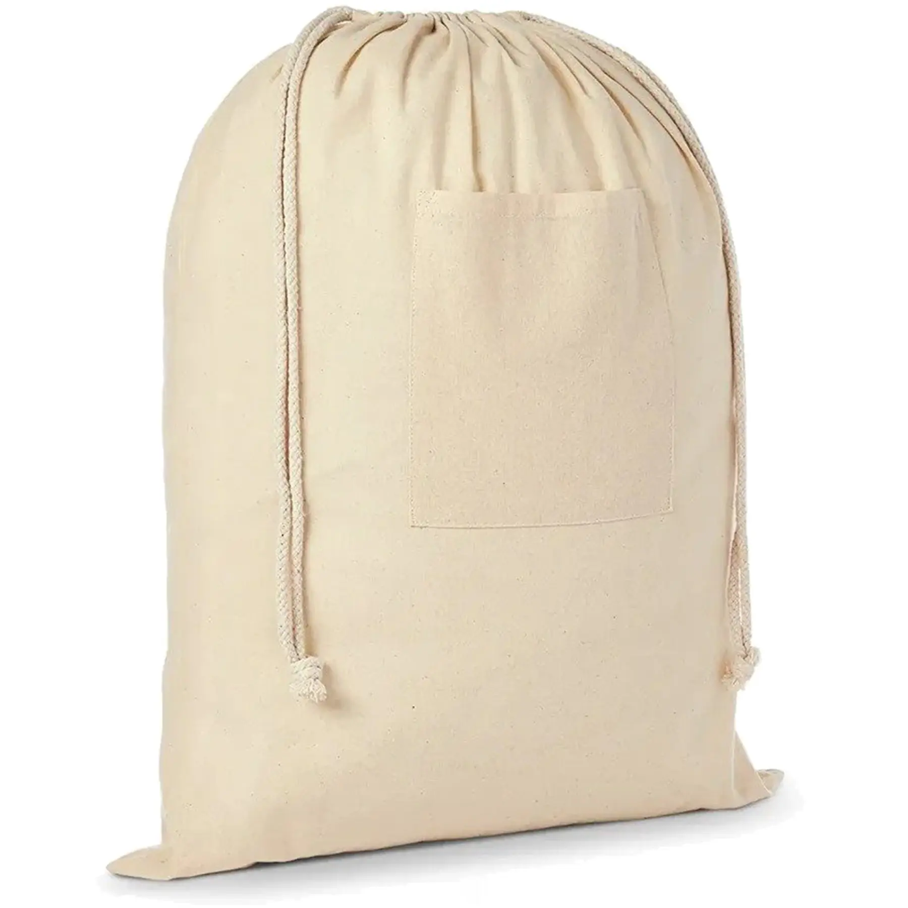 Natural Cotton Drawstring Laundry Bag with Front Pocket