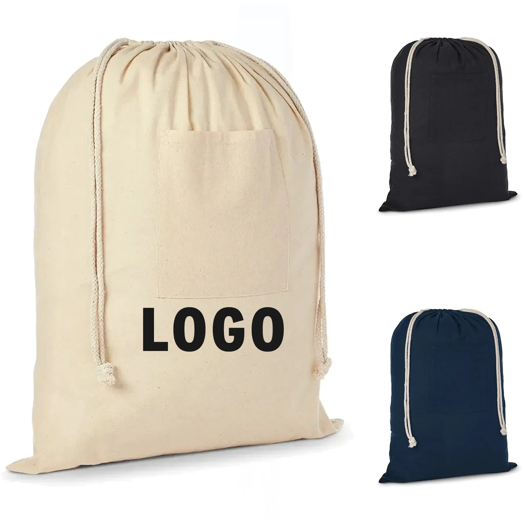 Natural Cotton Drawstring Laundry Bag with Front Pocket 2