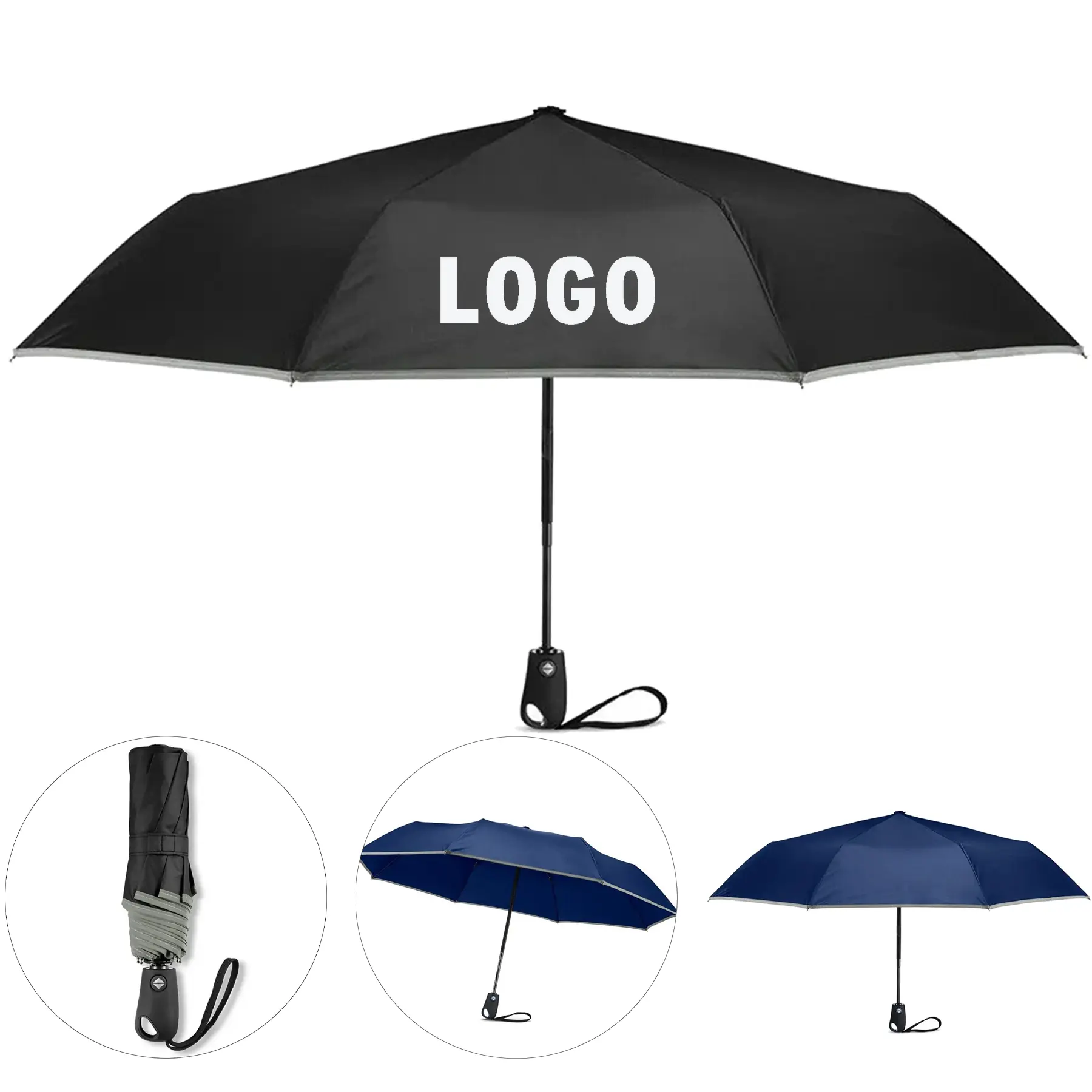 Auto Open Close Umbrella Reflective Trim Night Safety Rain 2