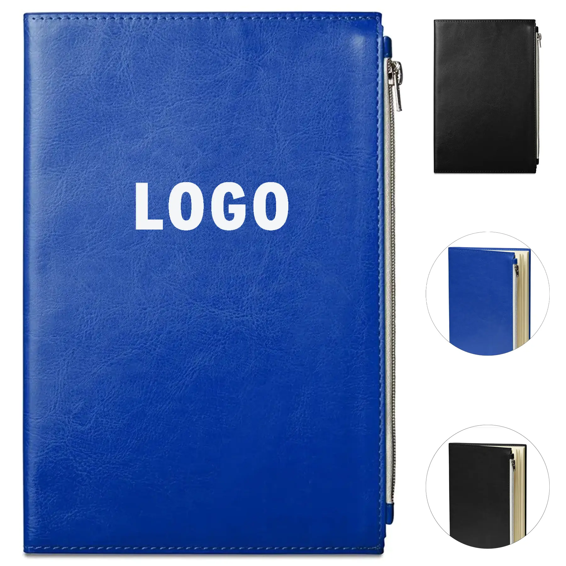 Genuine PU Leather Lined Journal Notebook with Zipper Pocket and Ribbon Bookmark 2