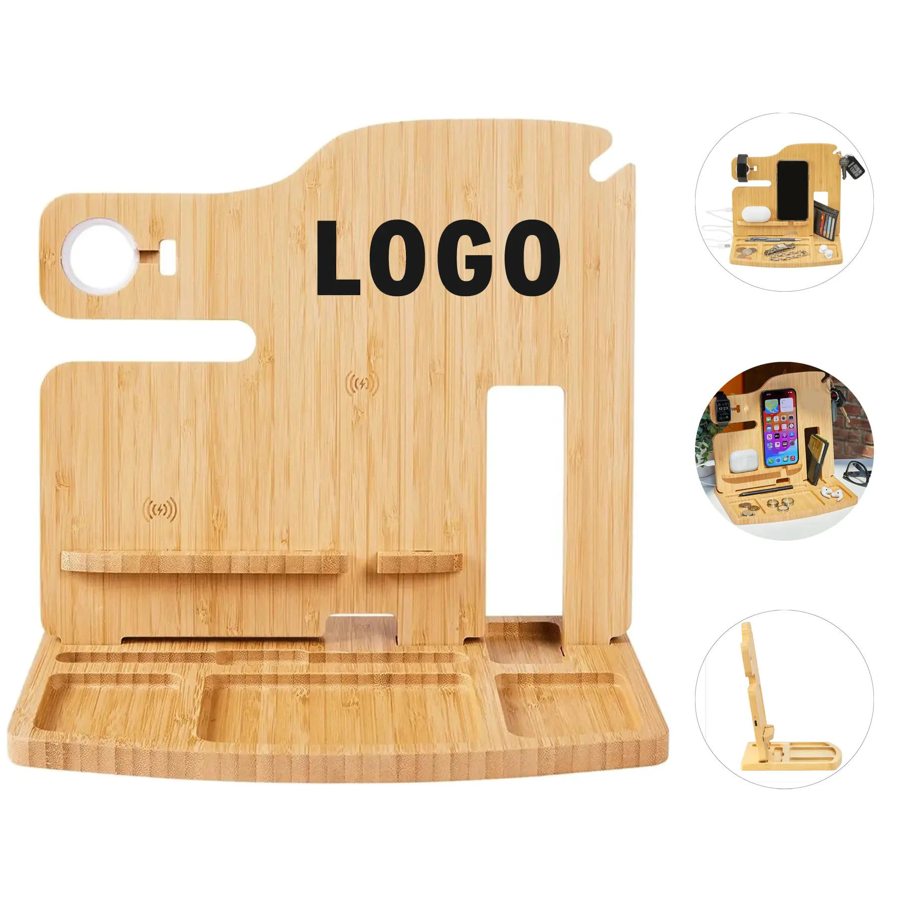 Bamboo Charging Valet Station Wireless Phone Earbuds Watch Organizer 2